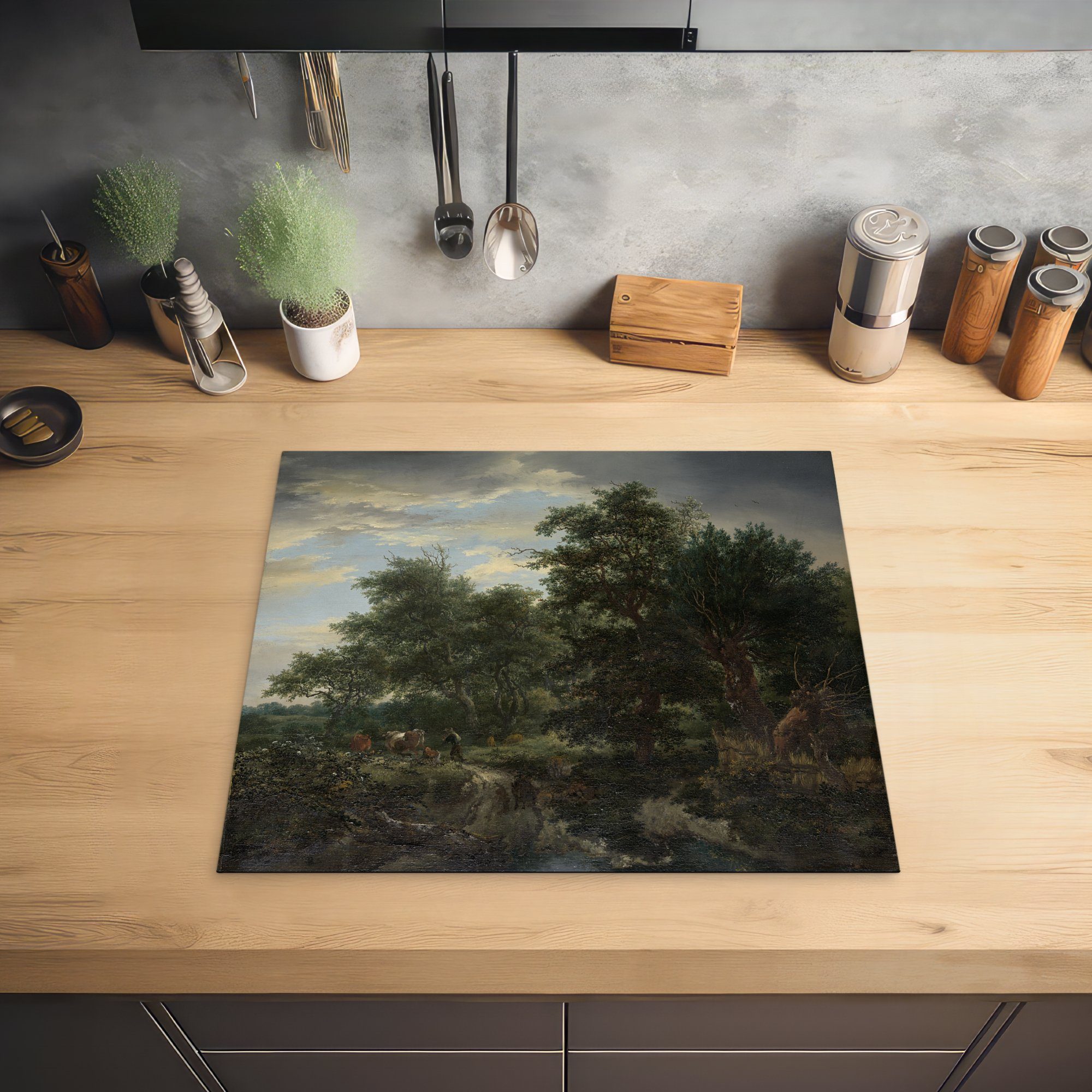 (1 Gemälde für cm, Induktionsmatte Ruisdael, Ceranfeldabdeckung die küche, - van MuchoWow Vinyl, Jacob tlg), Herdblende-/Abdeckplatte 59x52 von Waldansicht