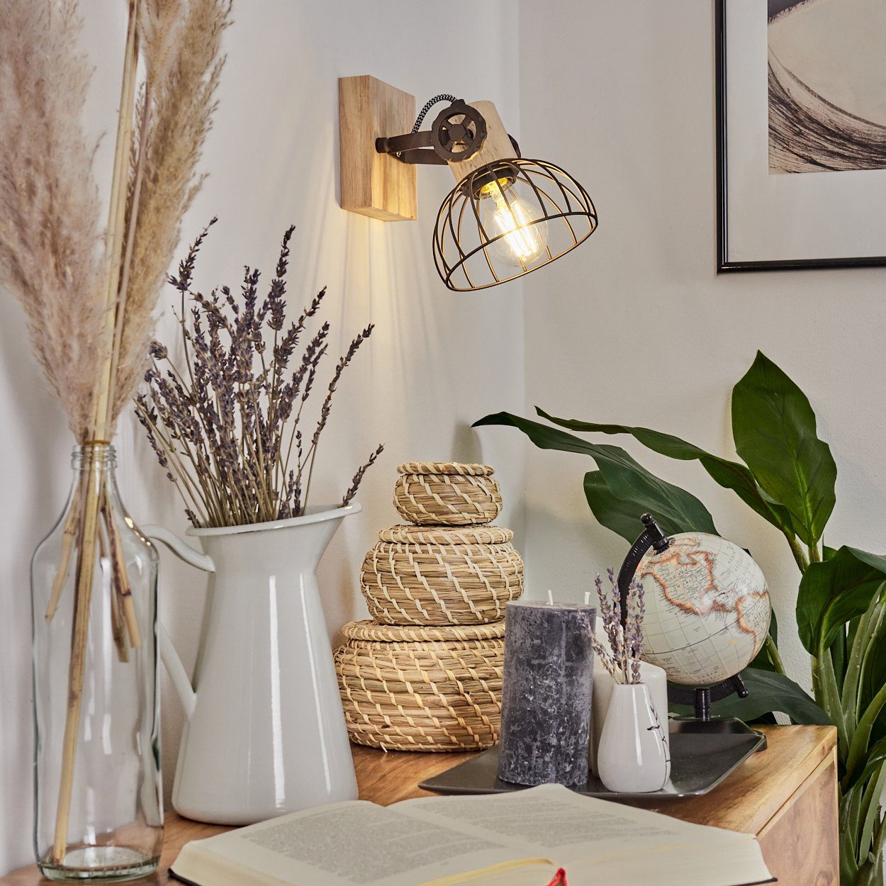 hofstein Wandleuchte »Cotes« Wandlampe aus Holz/Metall in Natur/Braun m. Lichteffekt, ohne Leuchtmittel, Leuchte m. Holzbalken, Textilkabeln, verstellbarer Strahler, E27