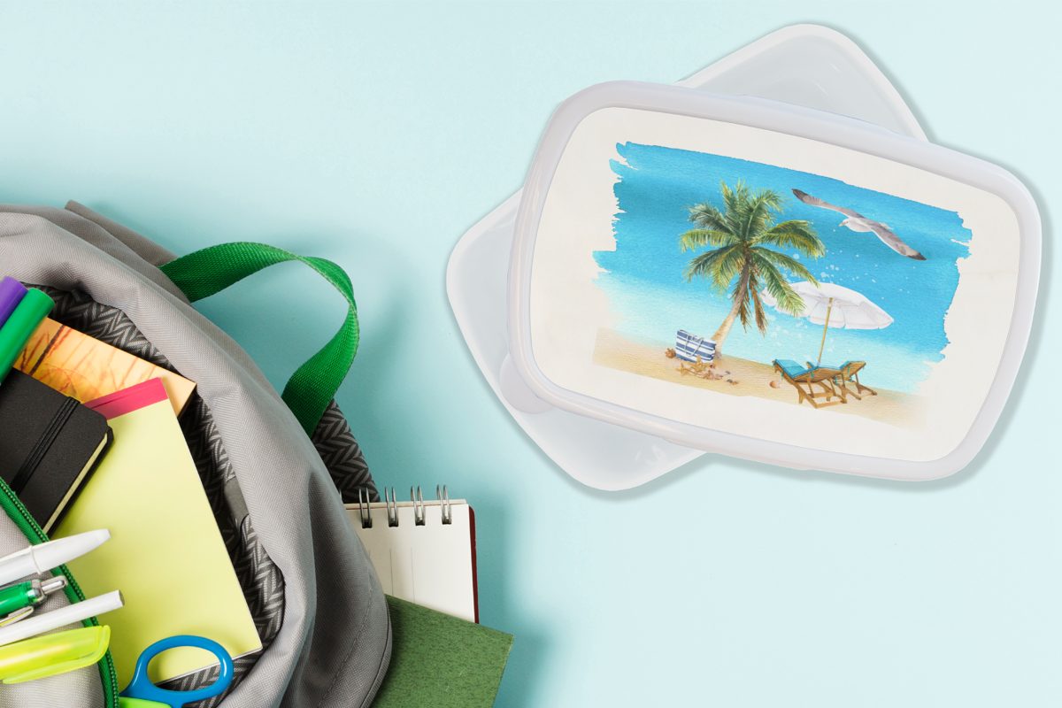 Brotdose, für MuchoWow Kinder - Strandkorb - Jungs Palmen - Lunchbox für Brotbox Kunststoff, und weiß Strand, (2-tlg), und Erwachsene, Mädchen Sonnenschirm