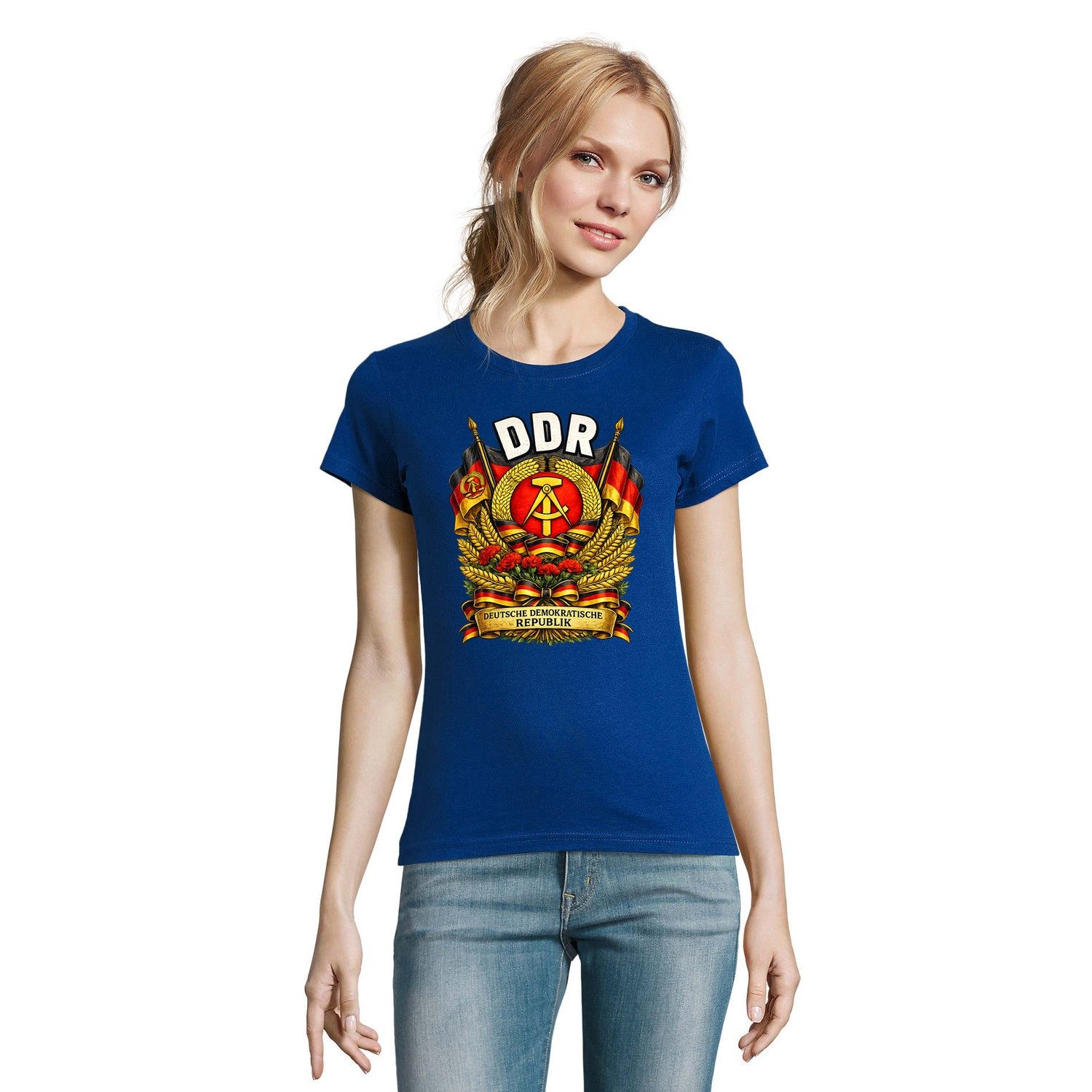Blondie & Brownie T-Shirt DDR Damen Tee Deutsche Demokratische Republik Motiv Print Ostalgie (Einzelstück, Einzelartikel) DDR Damen Tee Republik Emblem Edition