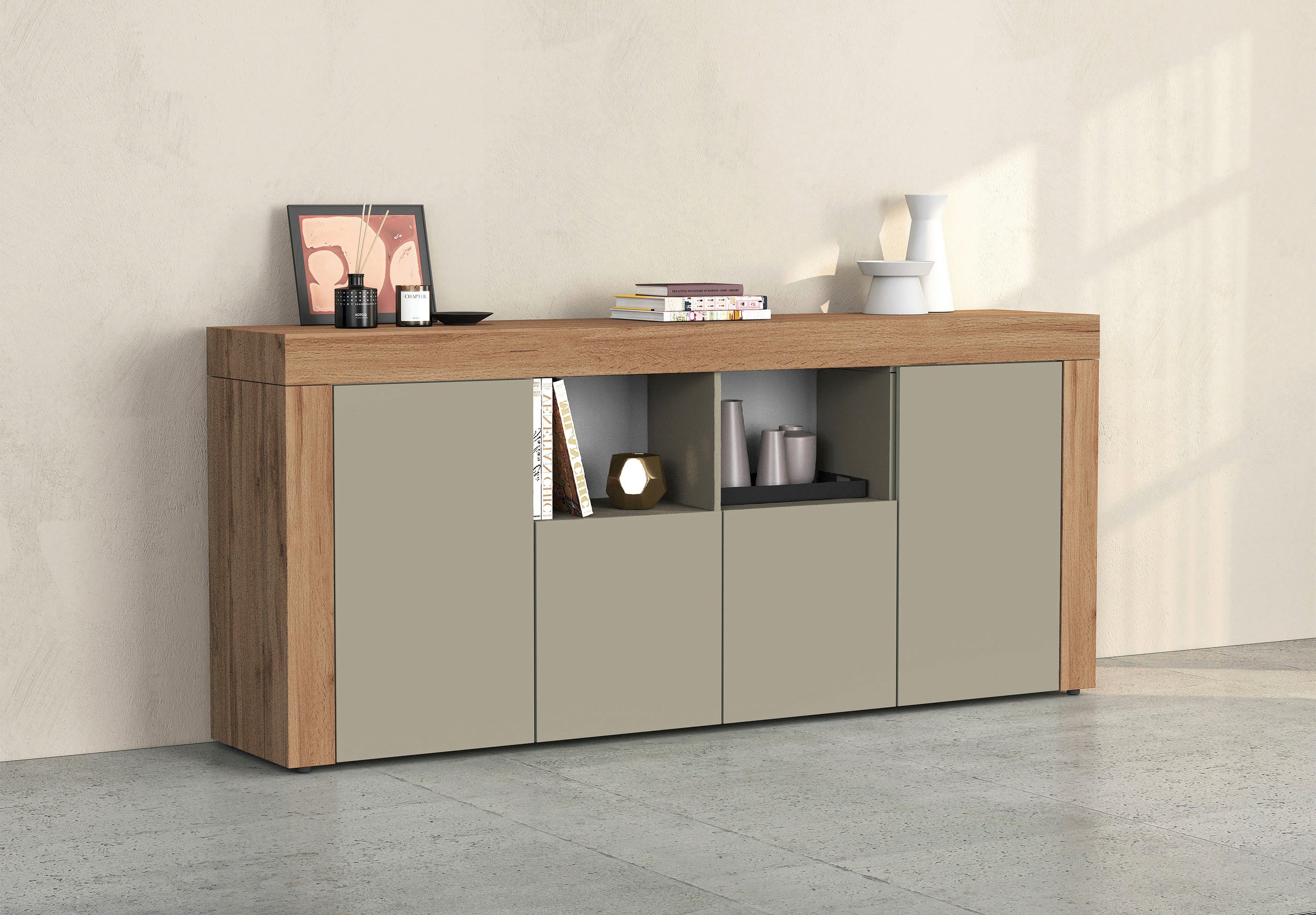 OTTO home Sideboard CHRONOS Breite 200 cm mit 4 Türen, 2 offene und 8 geschlossene Fächer (1 St), Sideboard,Kommode, Schrank, Grifflos mit Push to Open, Made in Italy