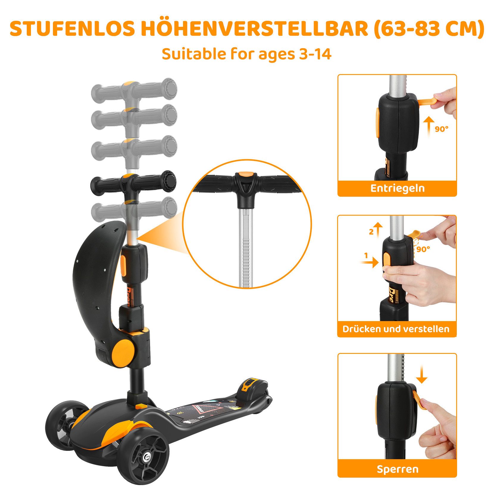 BremToy Dreiradscooter Kinderroller Tretroller Faltbarer Scooter 1-14 Jahre