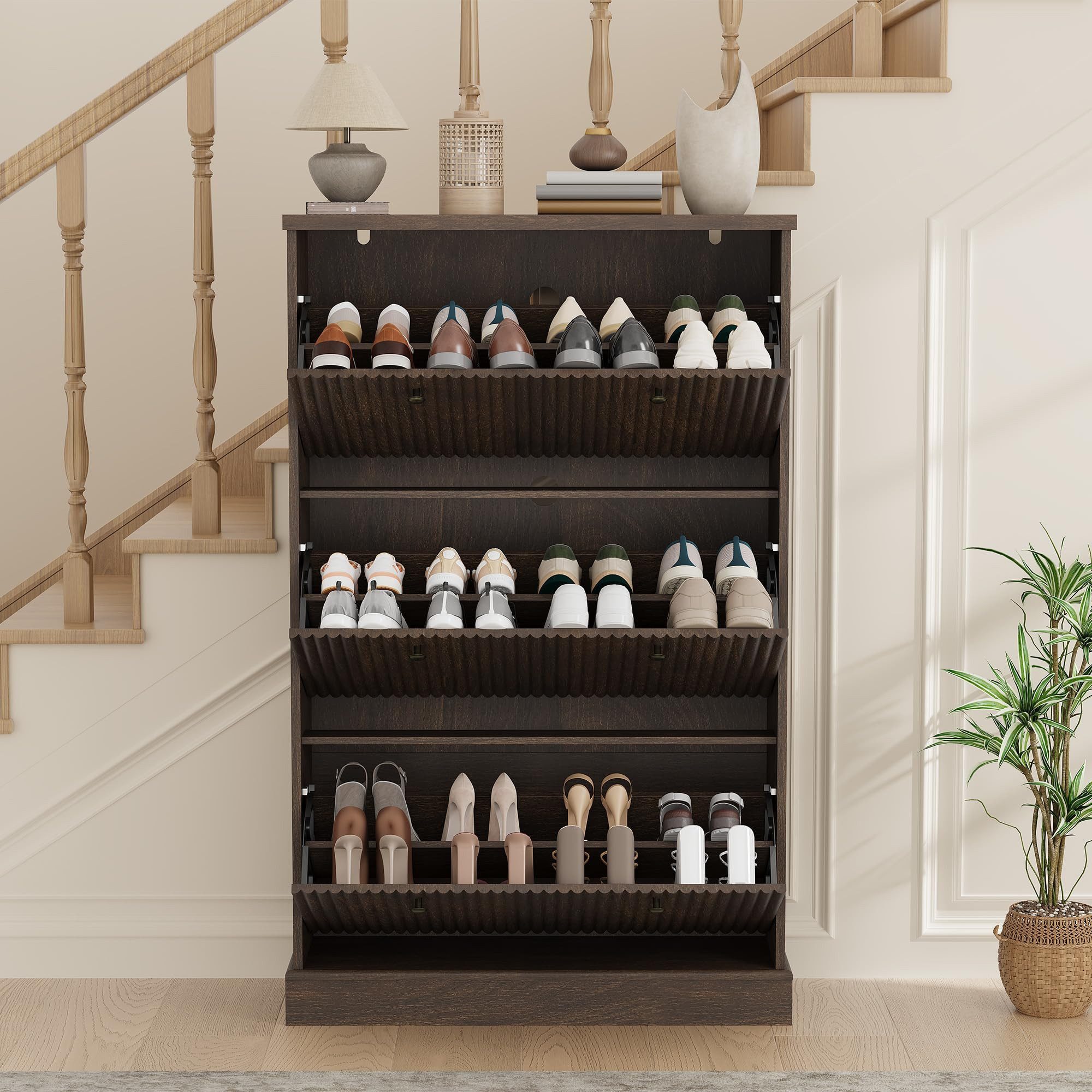 GarveeMore Schuhschrank Moderner Rillenprofil mit 3 Klappschubladen verstellbare Einlegeböden (1-St) (B80/T25/H129 cm) Schuhregal für 18–24 Paar Schuhe, für Flur und Diele