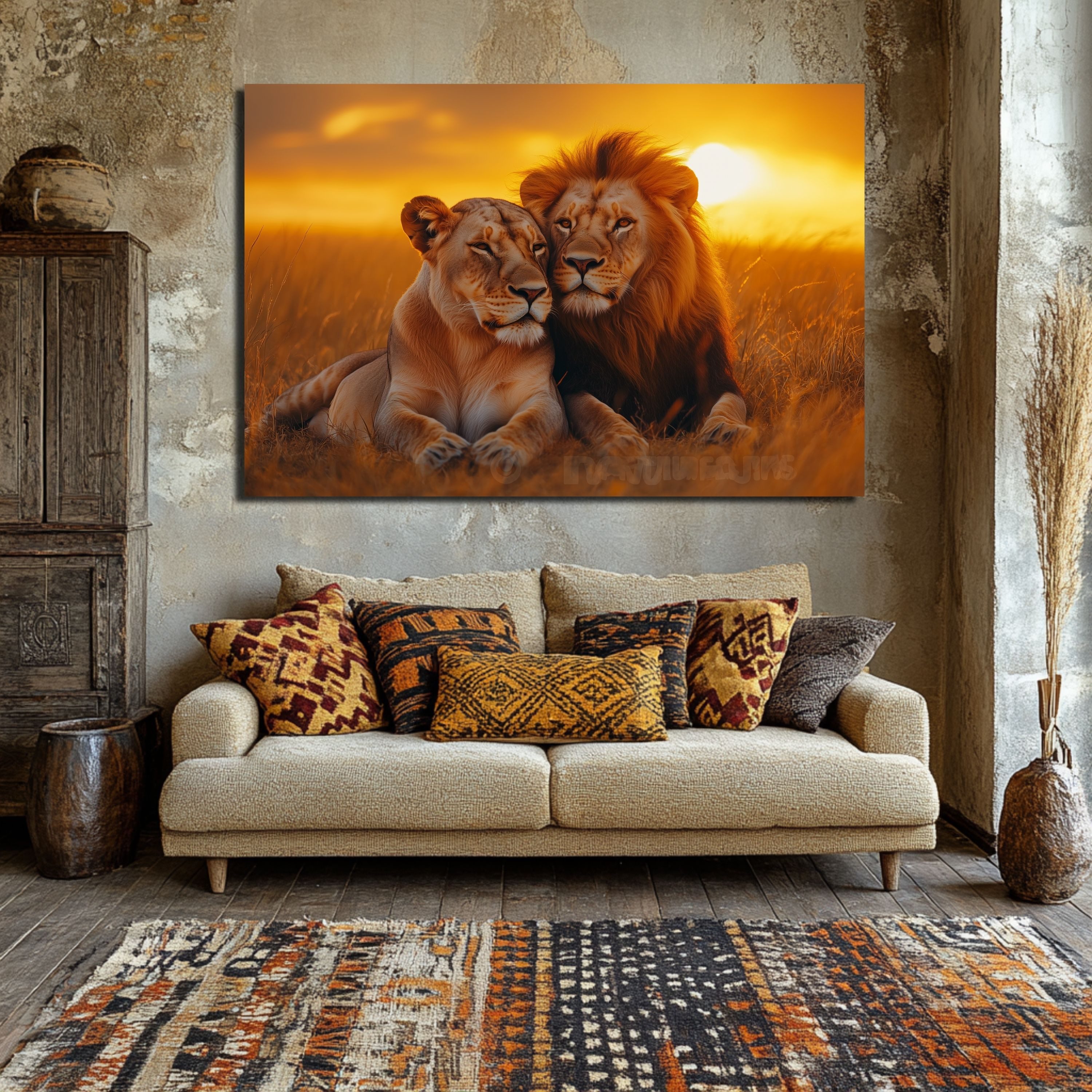 DARO Design Leinwandbild Modern Abstrakt Wandbilder XXL Wandbild Wand Deko Leinwand Bilder, (Löwen in der Savanne - Bild groß Wohnzimmer Schlafzimmer Küche Essz – Bild 5 von 5