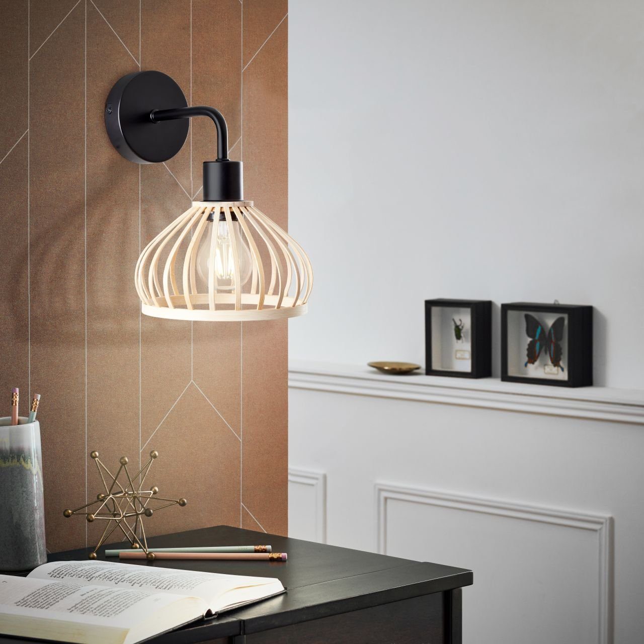 Brilliant Wandleuchte Norah, ohne Leuchtmittel, Wandlampe mit Bambusschirm - Nature Style - 27x19x23cm - E27 Fassung