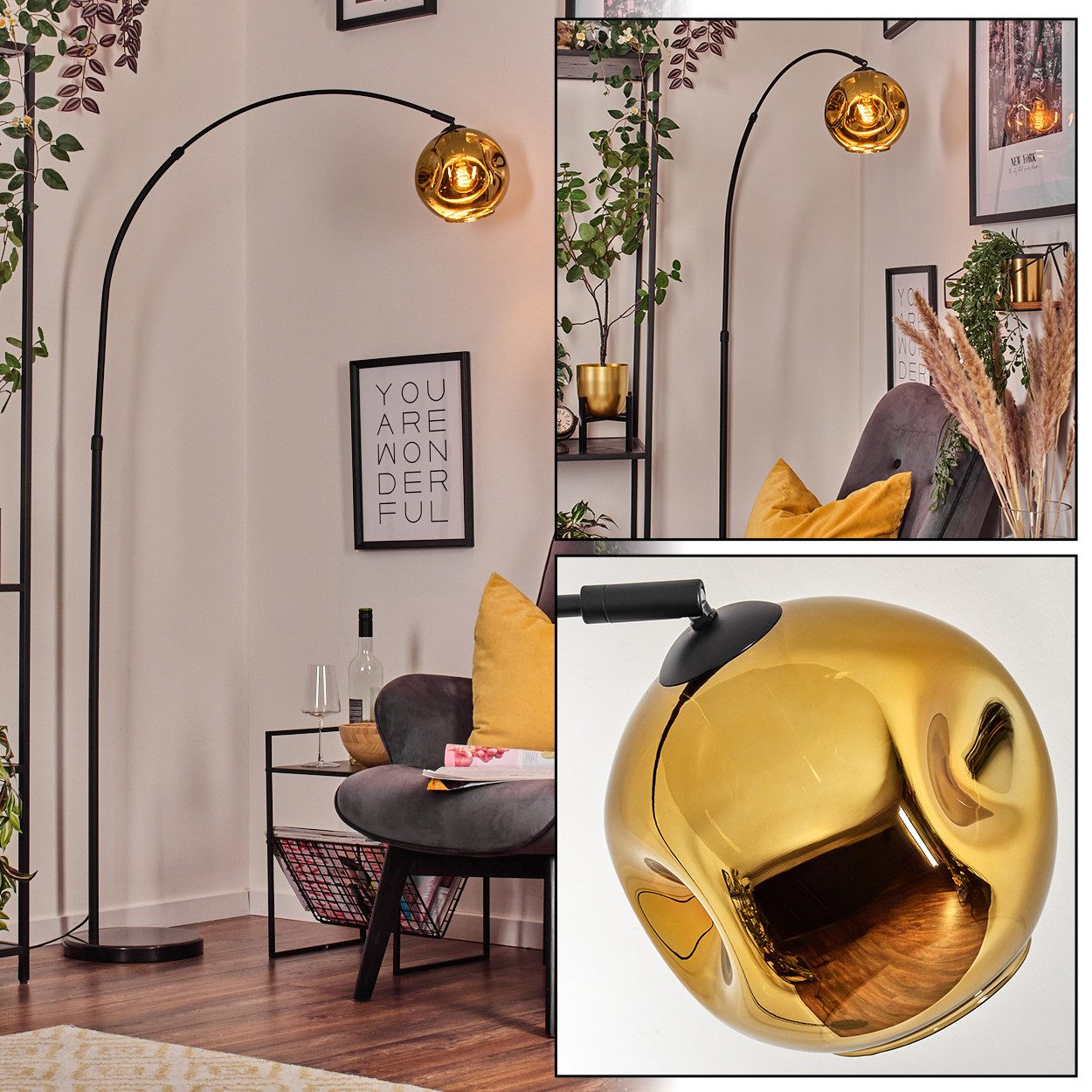 Stehlampe Stehlampe aus Metall/Glas in Schwarz/Gold mit Marmorfuß