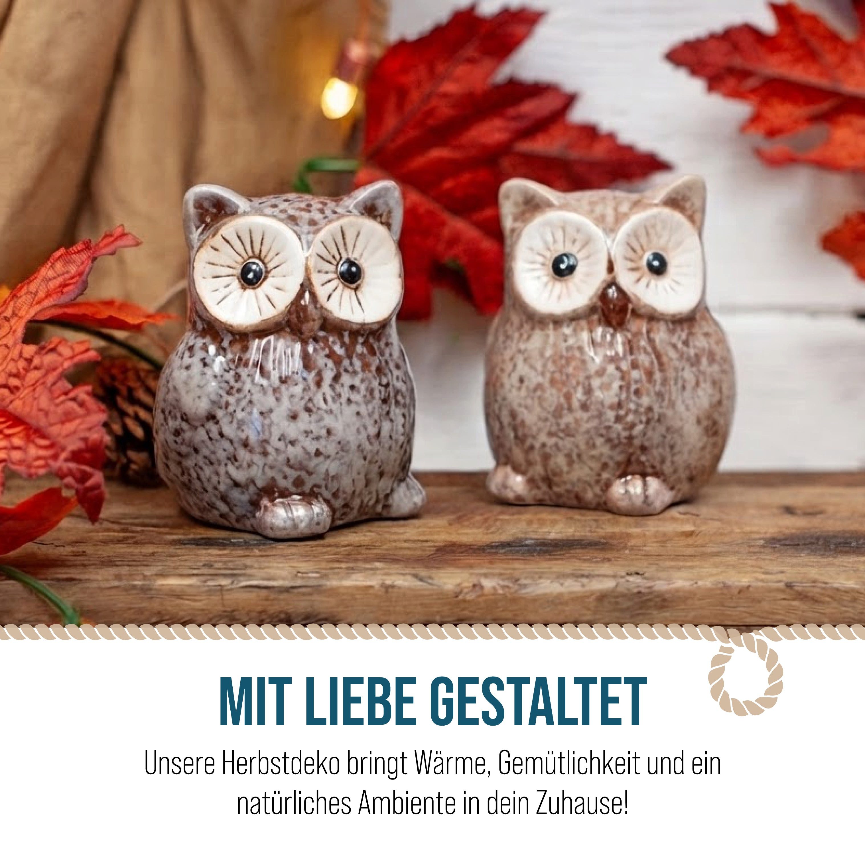 Logbuch-Verlag Dekofigur 2er Set Eulen aus Keramik – Herbstdeko in Braun und Beige – Bild 5 von 5