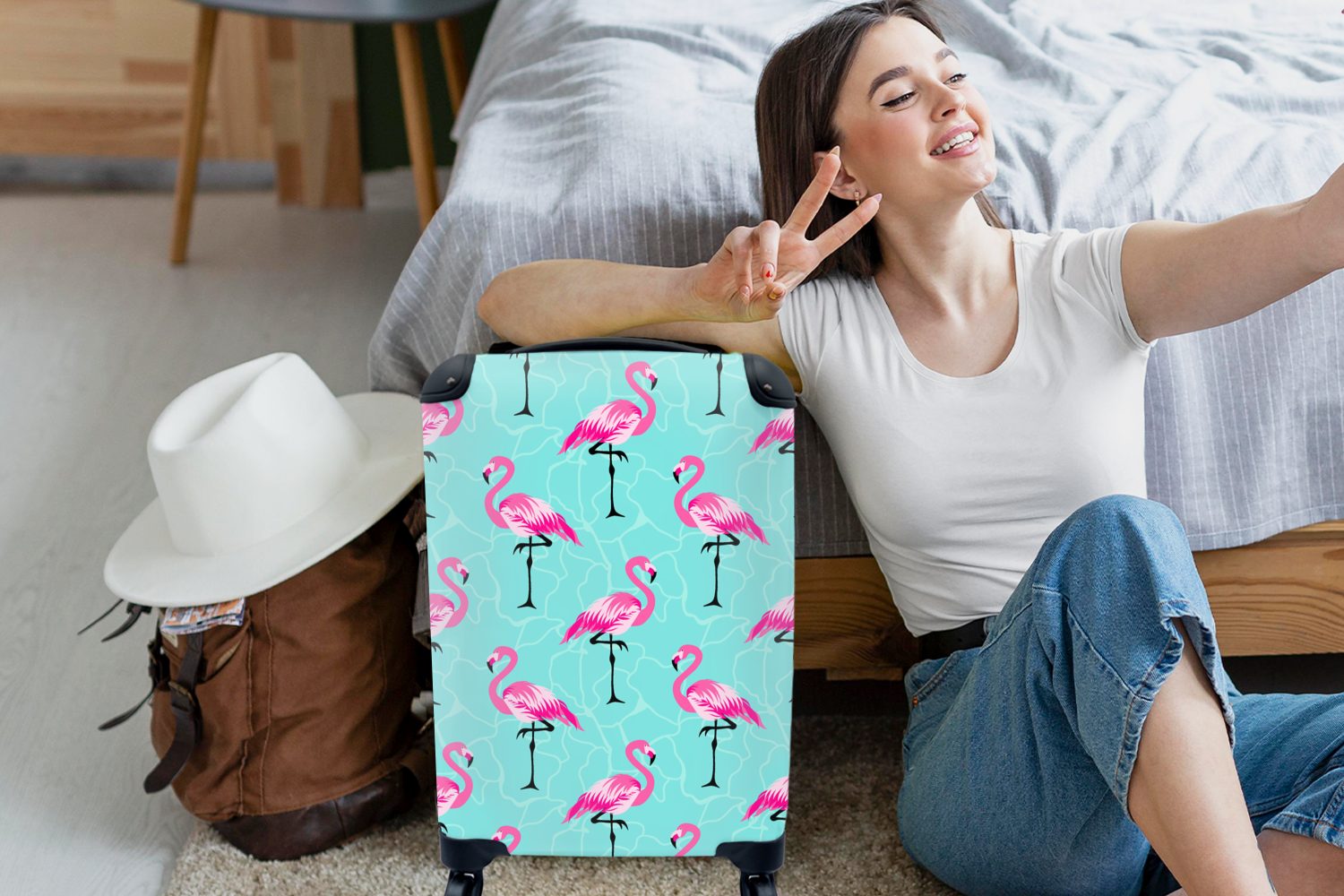 MuchoWow Handgepäckkoffer Flamingo - Muster, Ferien, 4 Reisetasche Rollen, für - Trolley, Reisekoffer Handgepäck Rosa mit rollen