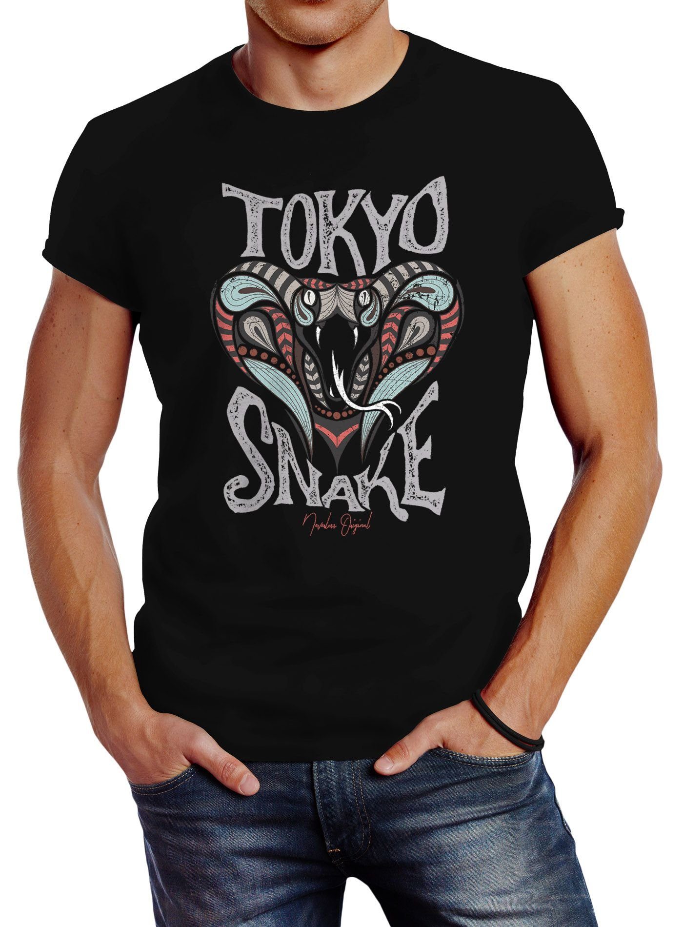 Snake Print-Shirt Kobra Schriftzug mit Print Herren T-Shirt Streetstyle Aufdruck Neverless Vintage Fashion Print Neverless® Tokyo Japan