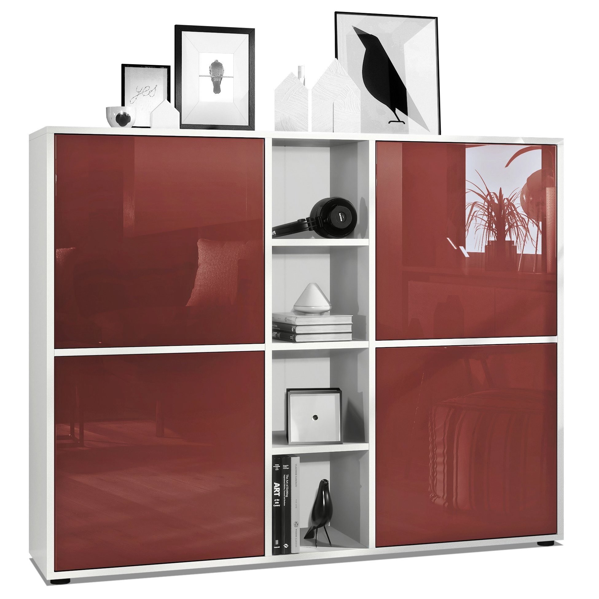 Vladon Highboard Cuba V3 (Highboard, Schrank Anrichte Cuba V3 mit 12 Fächern), Korpus in Weiß matt / in Bordeaux glänzend (130,5x105,5x35,5 cm)