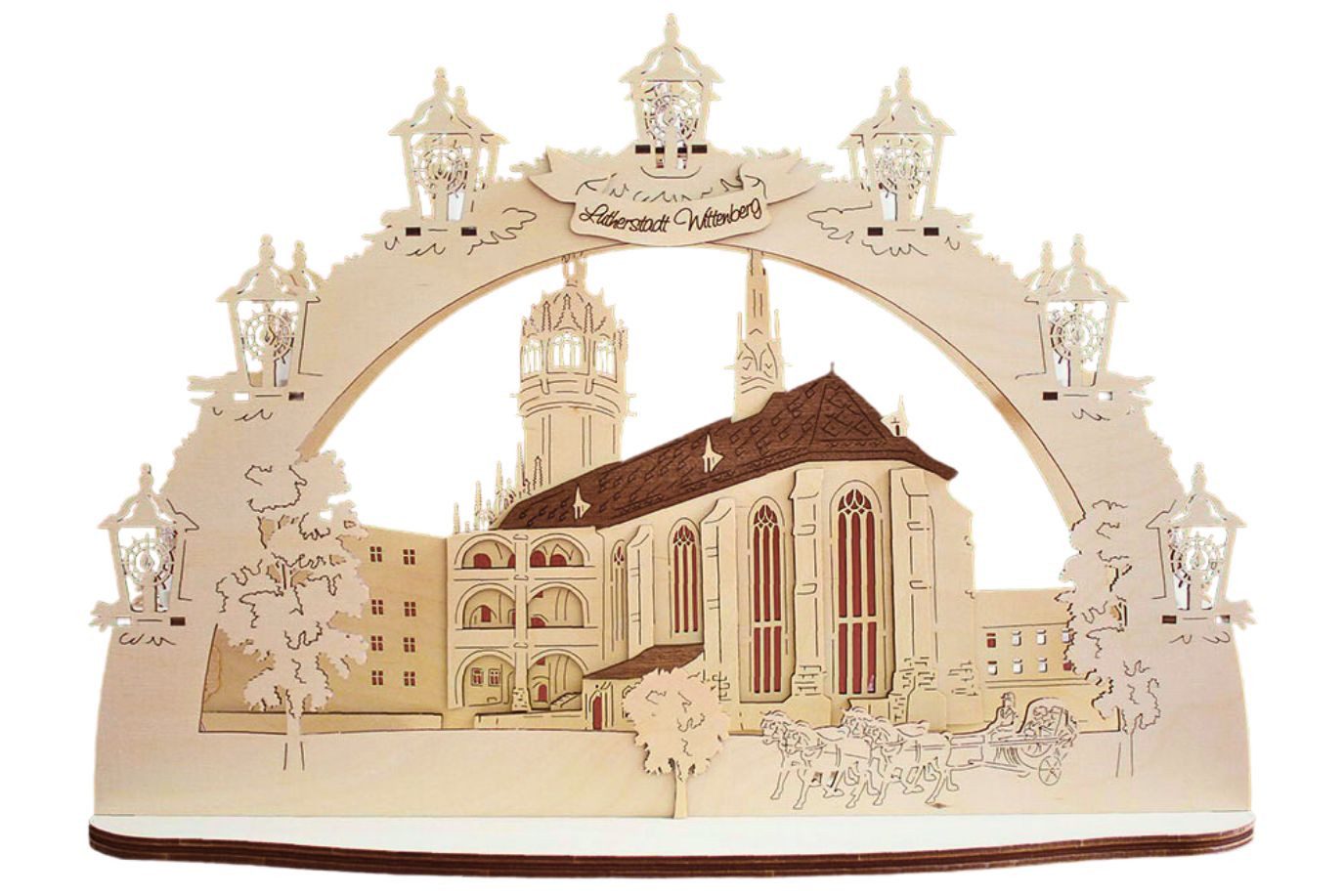 DeColibri LED Schwibbogen 3D LED Schwibbogen Lutherstadt Wittenberg Schlosskirche -mit Netzkabel, Holzkunst aus Sachsen, beleuchtet