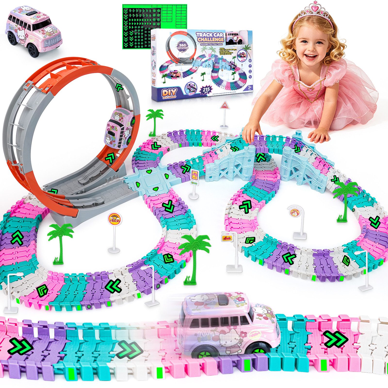 Coroiesty Autorennbahn 360° Einhorn DIY Rennbahn-Set – Tolles Geschenk zum Geburtstag, (Set), Bahnteile, 360° Schleife, Kreuzung, Brücke, Straßenzubehör