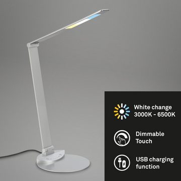 Briloner Leuchten LED Schreibtischlampe 7414-014, CCT Farbtemperatursteuerung, Touch, Speicherfunktion, USB-Anschluss, schwenkbar, LED fest verbaut, Farbwechsler, Kaltweiß, Neutralweiß, Tageslichtweiß, Warmweiß, Tischlampe, 83x20cm, Silber, 6,5W, Leselampe, Schreibtisch, Büro