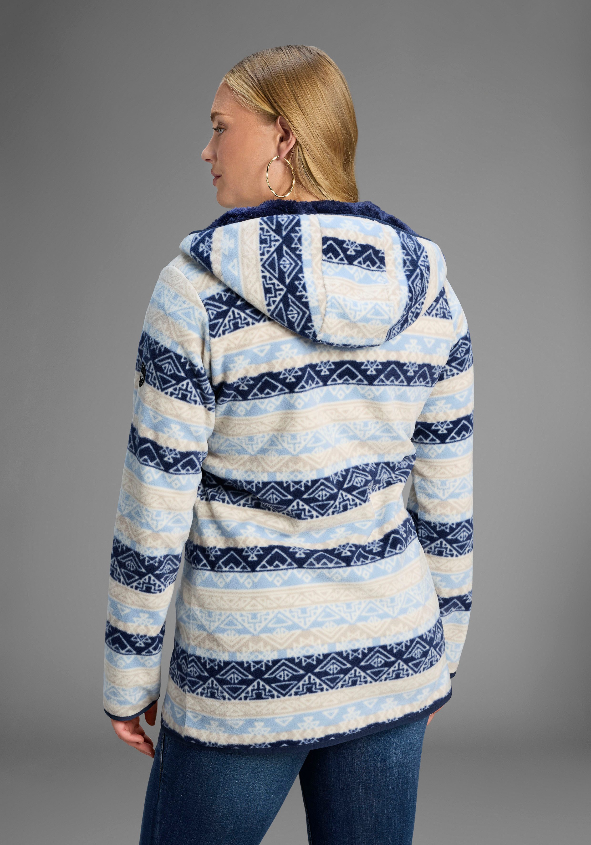 Polarino Fleecejacke Fleecejacke mit Print und Fellimitat in Kapuze günstig online kaufen