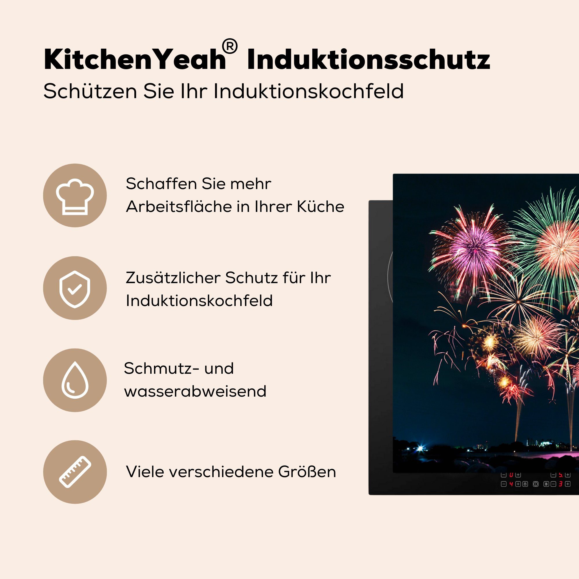 Ein Herdblende-/Abdeckplatte tlg), vom für Induktionskochfeld die Feuerwerk MuchoWow Silvesternacht, 81x52 während einer der (1 in cm, Vinyl, Bild Ceranfeldabdeckung Stadt küche, Schutz