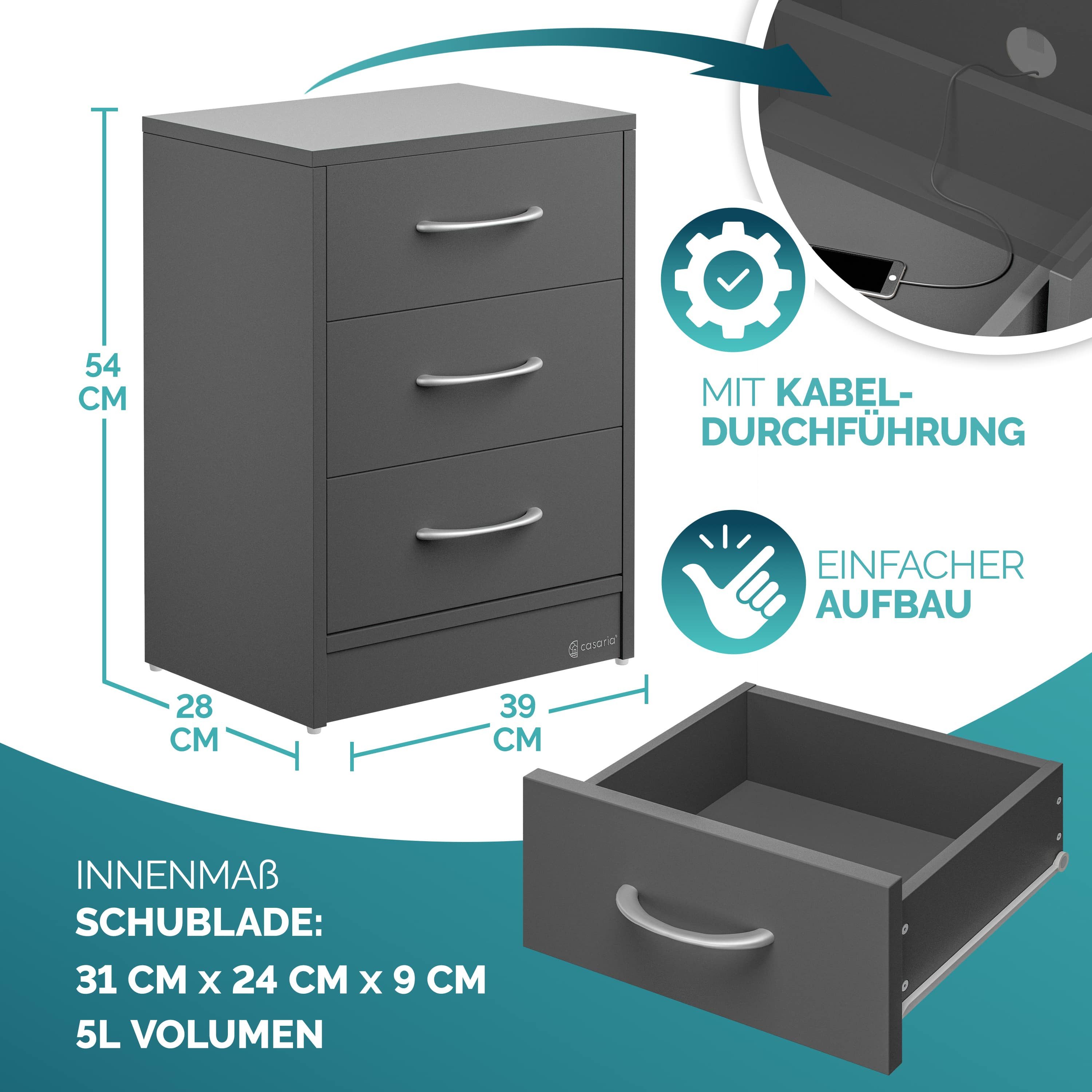 Casaria Nachttisch Eloise (1-St), mit LED 3 Schubladen Kabelführung Wandbefestigung Boxspringbett