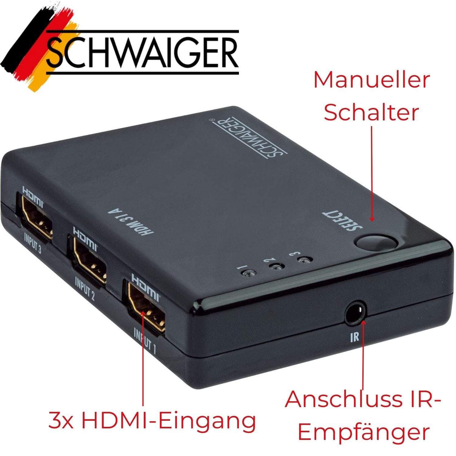 Schwaiger HDMI-Splitter 3in1 Auto HDMI Switch 4K Ultra HD UHD Full HD, Automatisch Verteiler Umschalter Splitter Fernbedienung IR-Empfänger