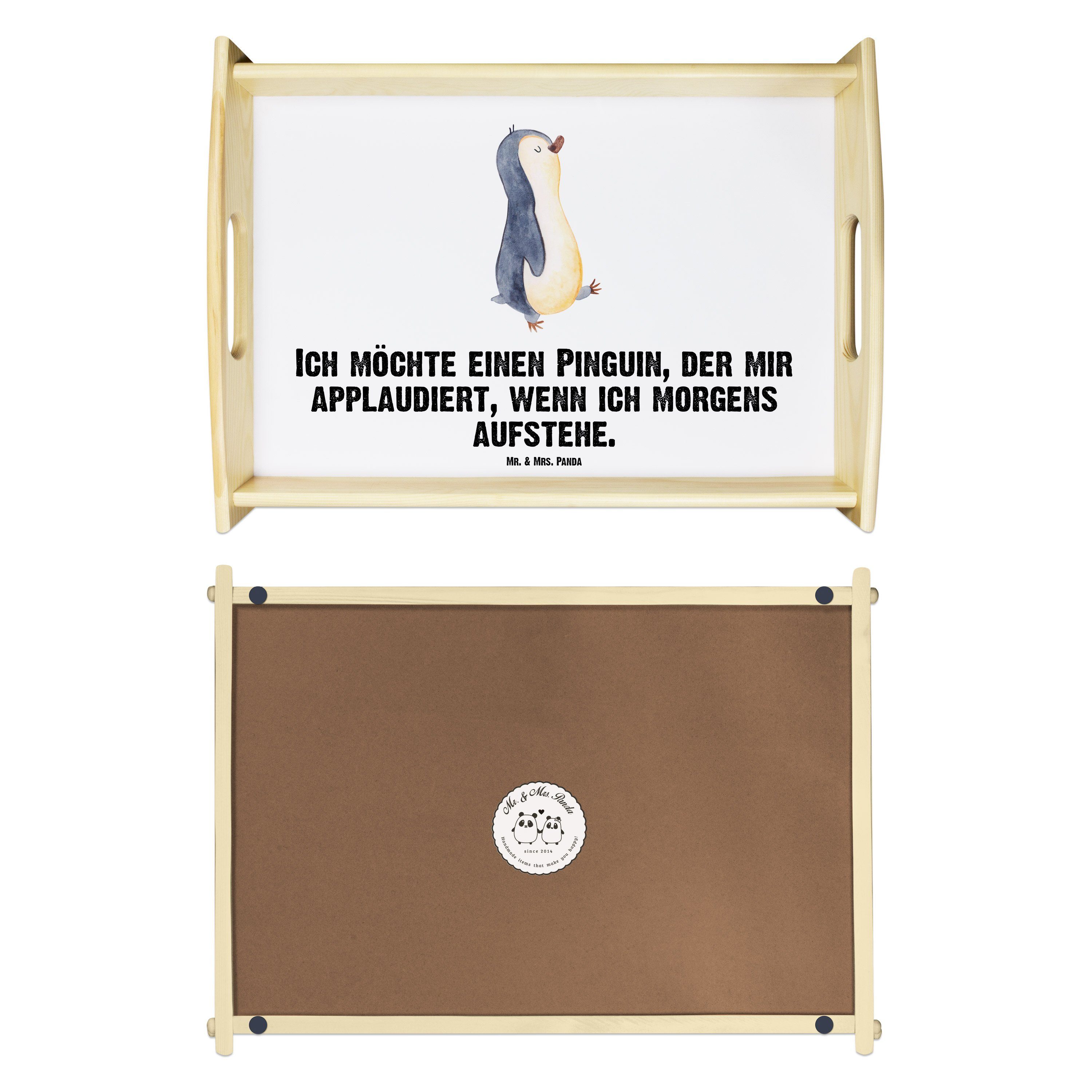 Echtholz - Mrs. Weiß marschierend Geschenk, Pinguin Tablett - Mr. & Panda (1-tlg) lasiert, Frühstückstablett, Dekotablet,