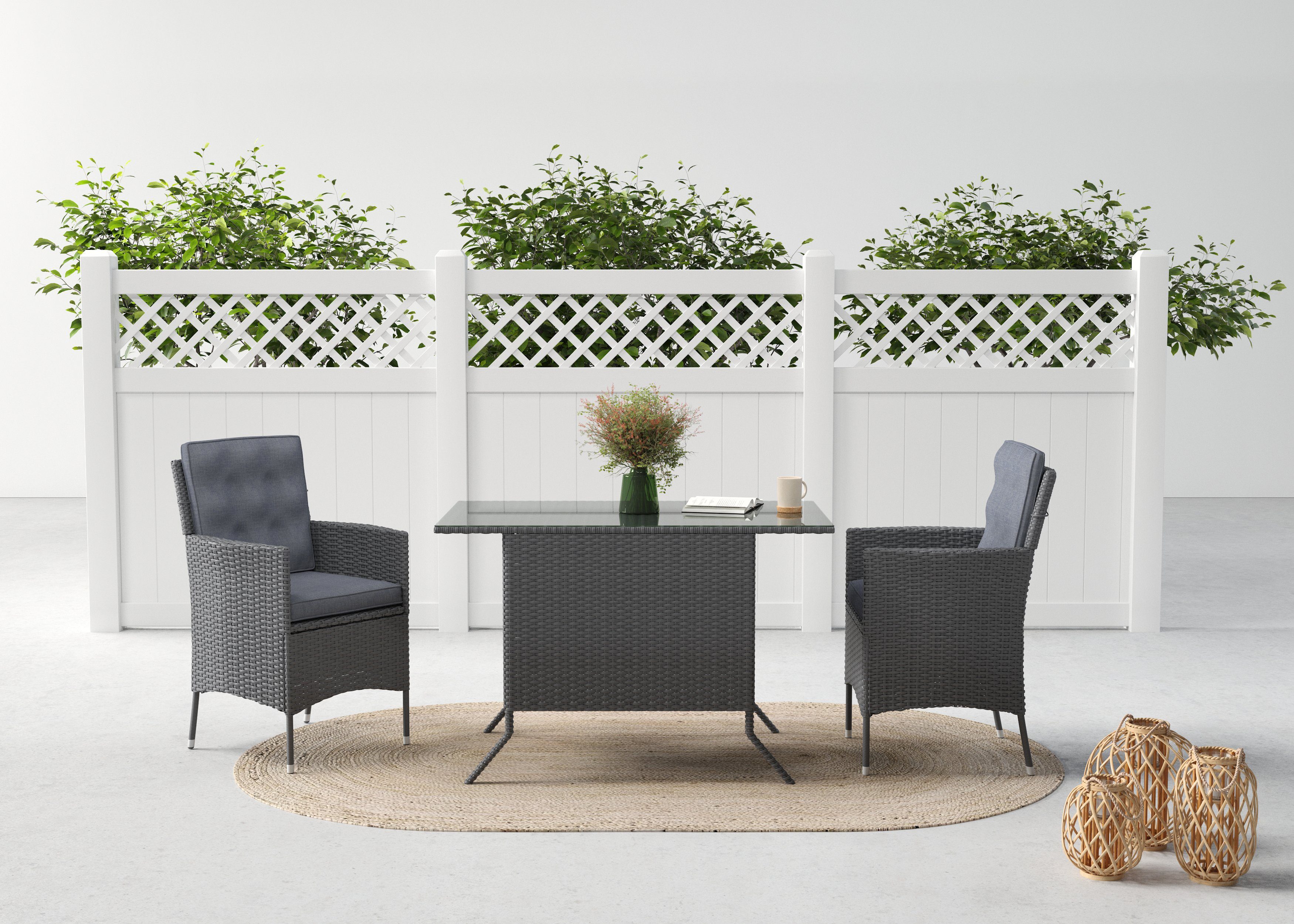 KONIFERA Garten-Essgruppe Korfu, (Set, 5-tlg., 2x Sessel, 1x Tisch 112x65x73,5 cm, inkl. Auflagen, inkl. Schutzhülle), Polyrattan/Stahl, Dunkelgrau