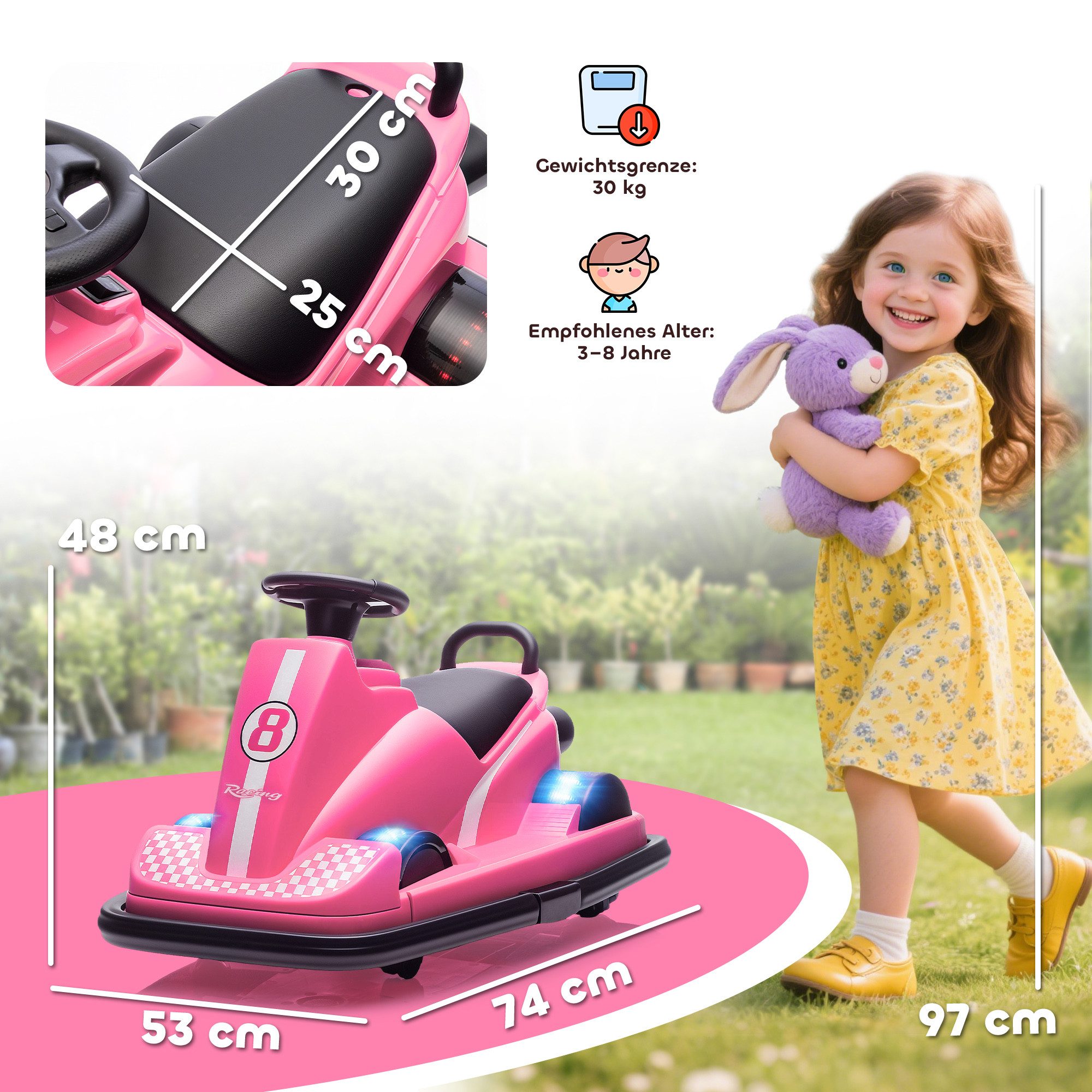 AIYAPLAY Elektro-Kinderauto Kinder Autoscooter, Bumper Car, 360° drehbar, Sanftstart, Belastbarkeit 30 kg, (1-tlg), Musikfunktion, 3-8 Jahre, Rosa