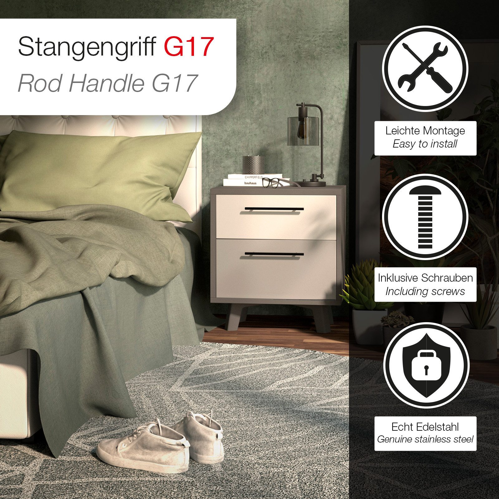 SO-TECH® Möbelgriff Stangengriff G17 echt Edelstahlrohr Ø 12 mm inkl. Schrauben (1-St), Edelstahl schwarz, Bohrlochabstand 64 mm, Schubladengriff