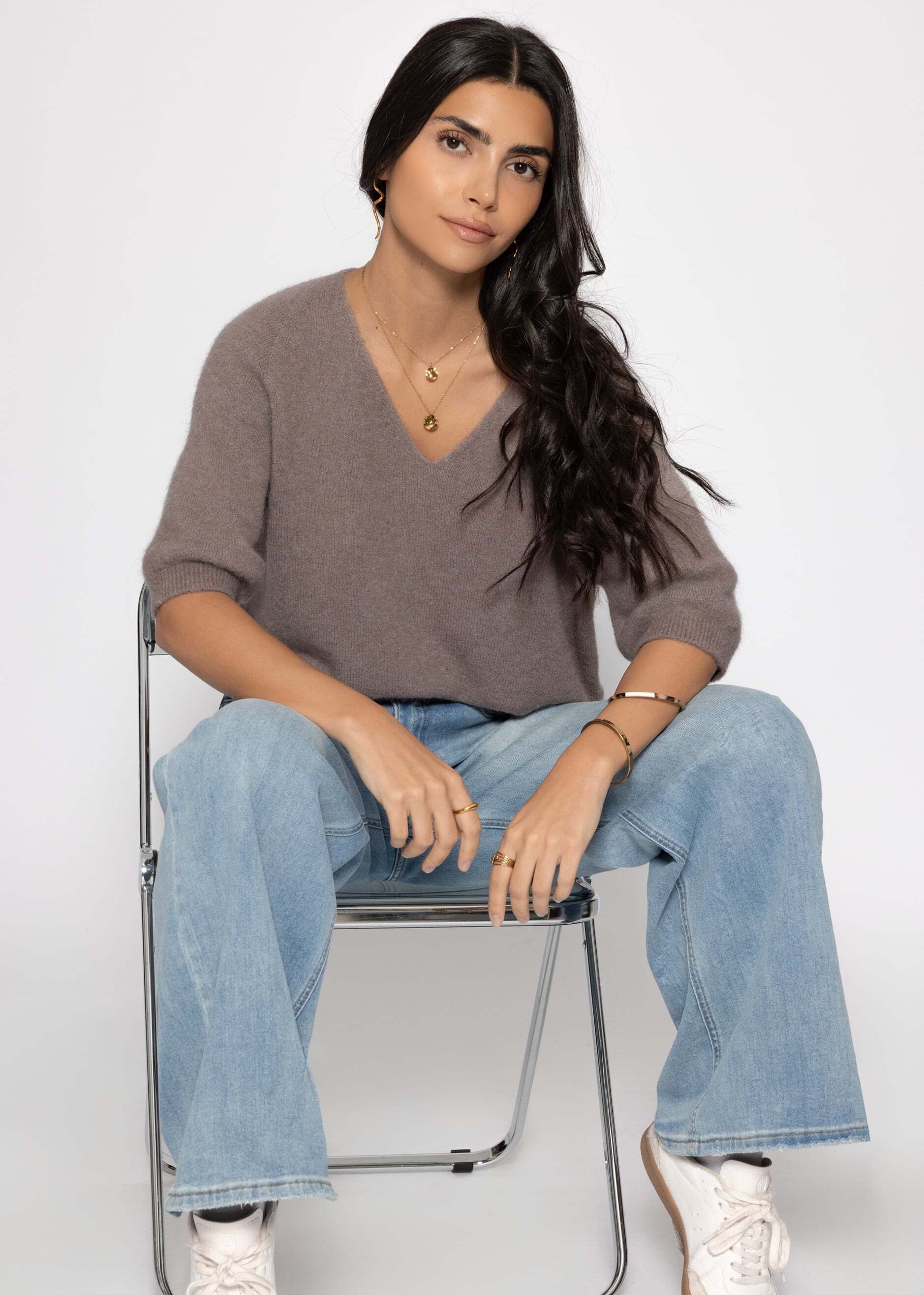 SASSYCLASSY Strickpullover Strickoberteil mit V-Ausschnitt für Damen Feinstrickpullover mit halblangen Ärmeln im lockeren Schnitt