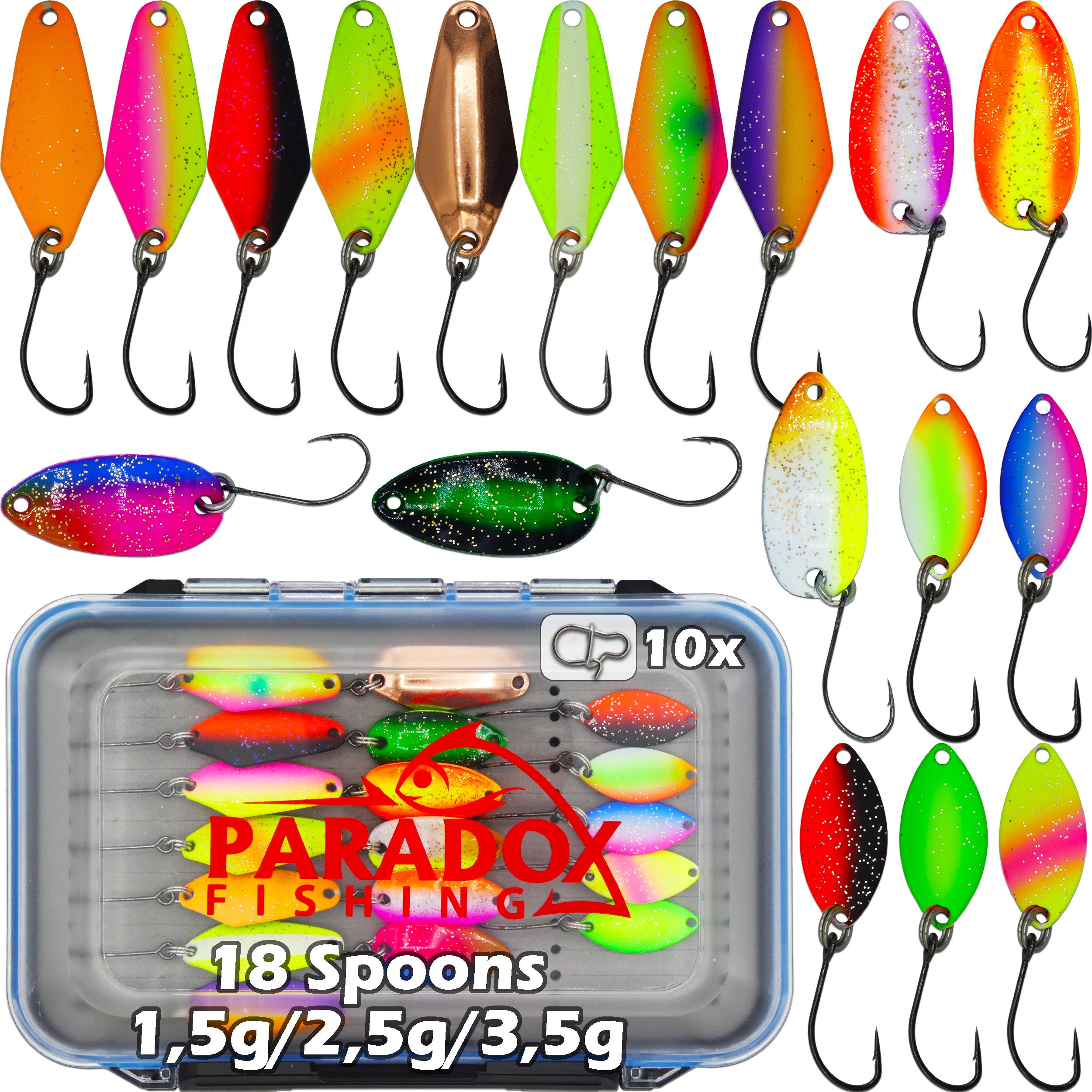 Paradox Fishing Kunstköder Forellen Spoon Set 18 Stück 1,5g/2,5g/3,5g mit Box, (inkl. 10 Snaps), UV-AKTIV