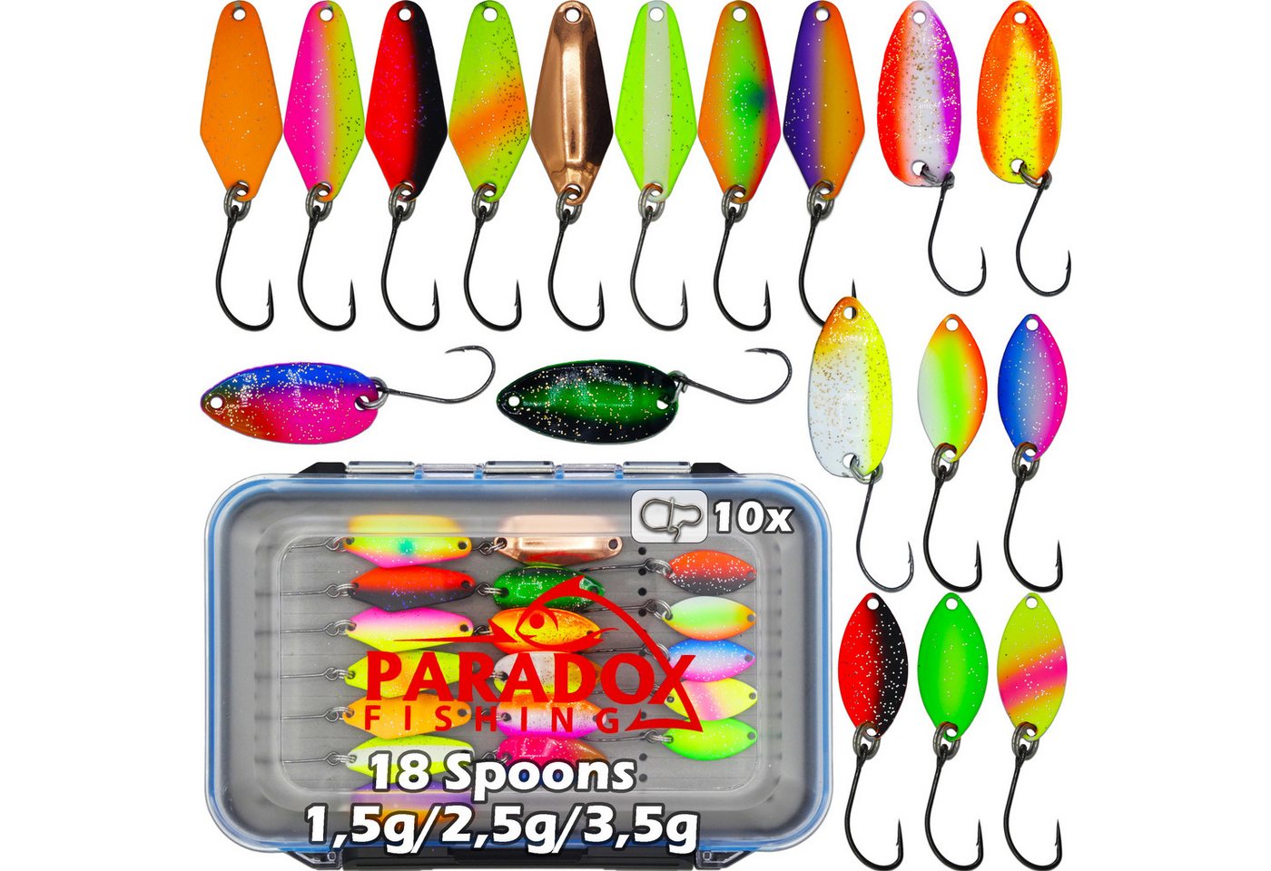 Paradox Fishing Kunstköder Forellen Spoon Set 18 Stück 1,5g/2,5g/3,5g mit Box, (inkl. 10 Snaps), UV-AKTIV