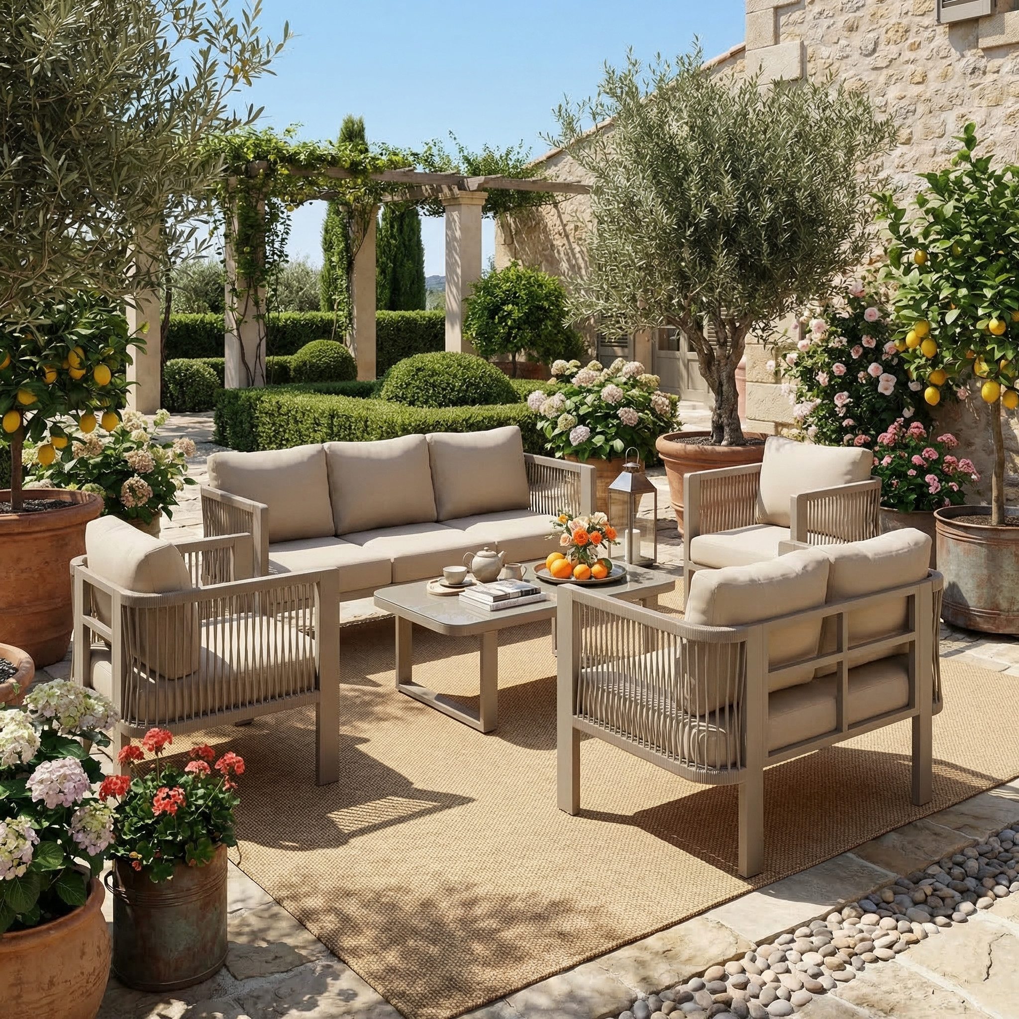 Flieks Gartenlounge-Set, 7-Sitzer Gartenmöbel-Set Sitzgruppe mit Glastischplatte, Teslin-Seil