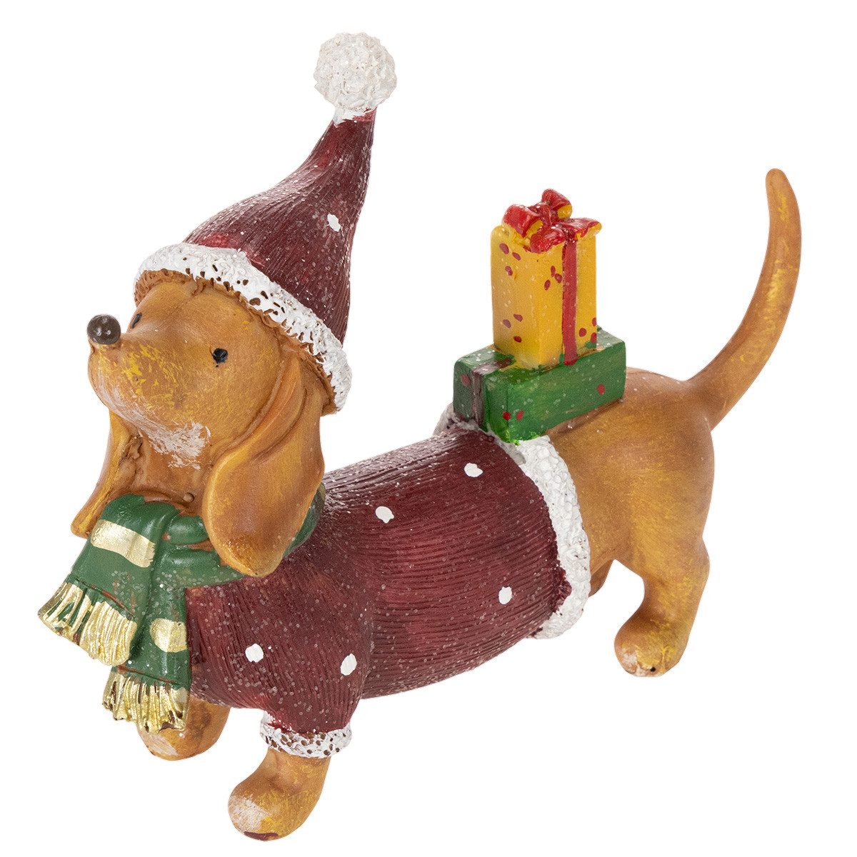 Posiwio Weihnachtsmann Weihnachtliche Dekofigur Dackel mit Geschenk und festlichem
