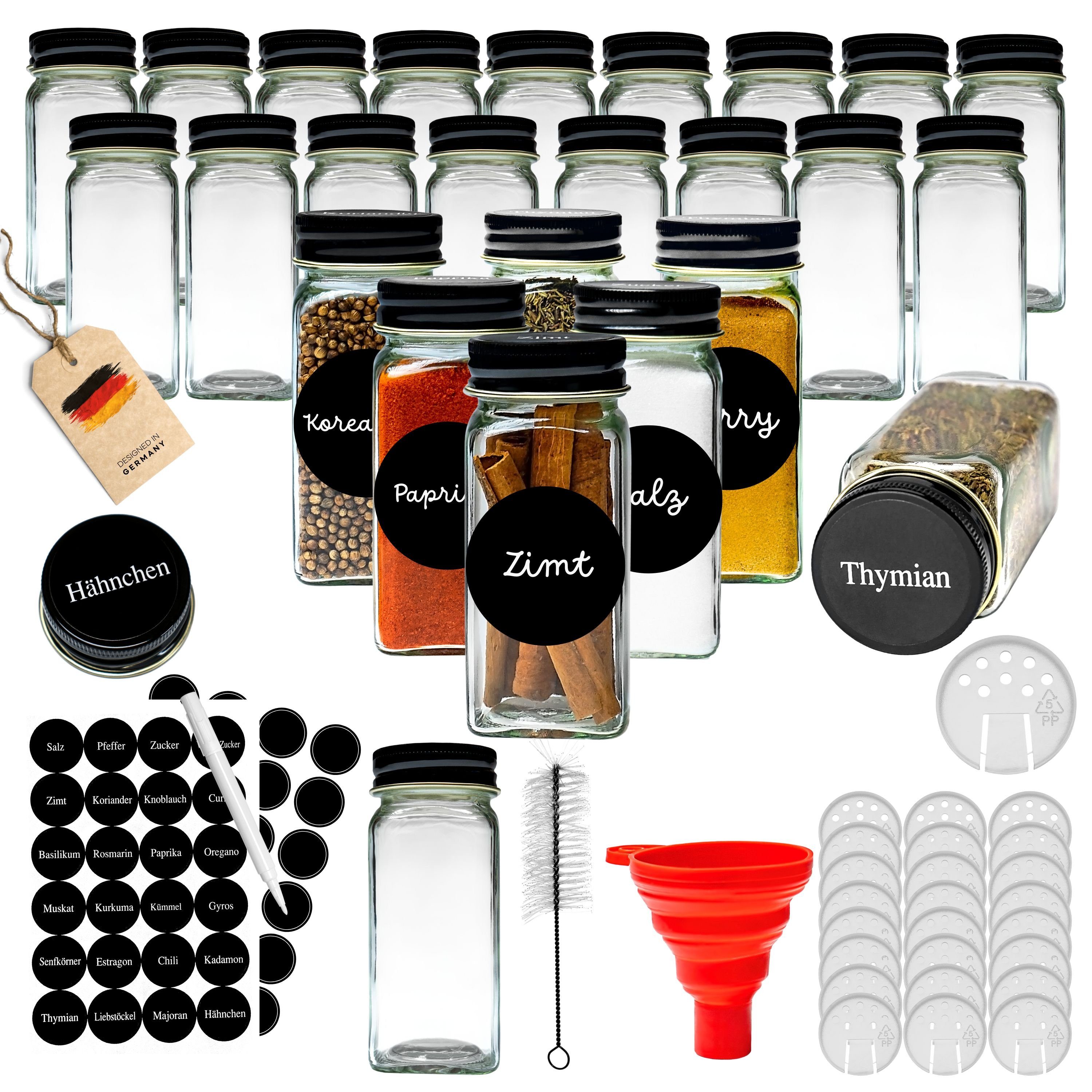Coradoma Gewürzbehälter Gewürzgläser Set Eckig inkl. Etiketten - Glasbehälter Банки для хранения, Glas, (24-tlg), mit Reinigungsbürste, Trichter zum Befüllen, Gewürzetiketten