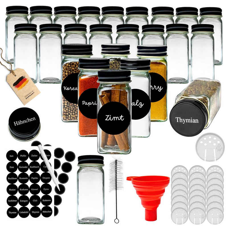 Coradoma Gewürzbehälter Gewürzgläser Set Eckig inkl. Etiketten - Glasbehälter Vorratsdosen, Glas, (24-tlg), mit Reinigungsbürste, Trichter zum Befüllen, Gewürzetiketten