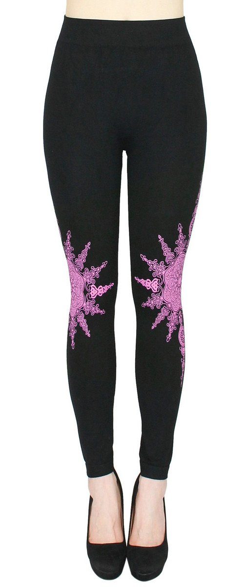 Mandala elastischem Highwaist dy_mode mit Leggins Bund JL103-Pink Schwarz mit Druck Leggings Leggings Damen Blumen Muster