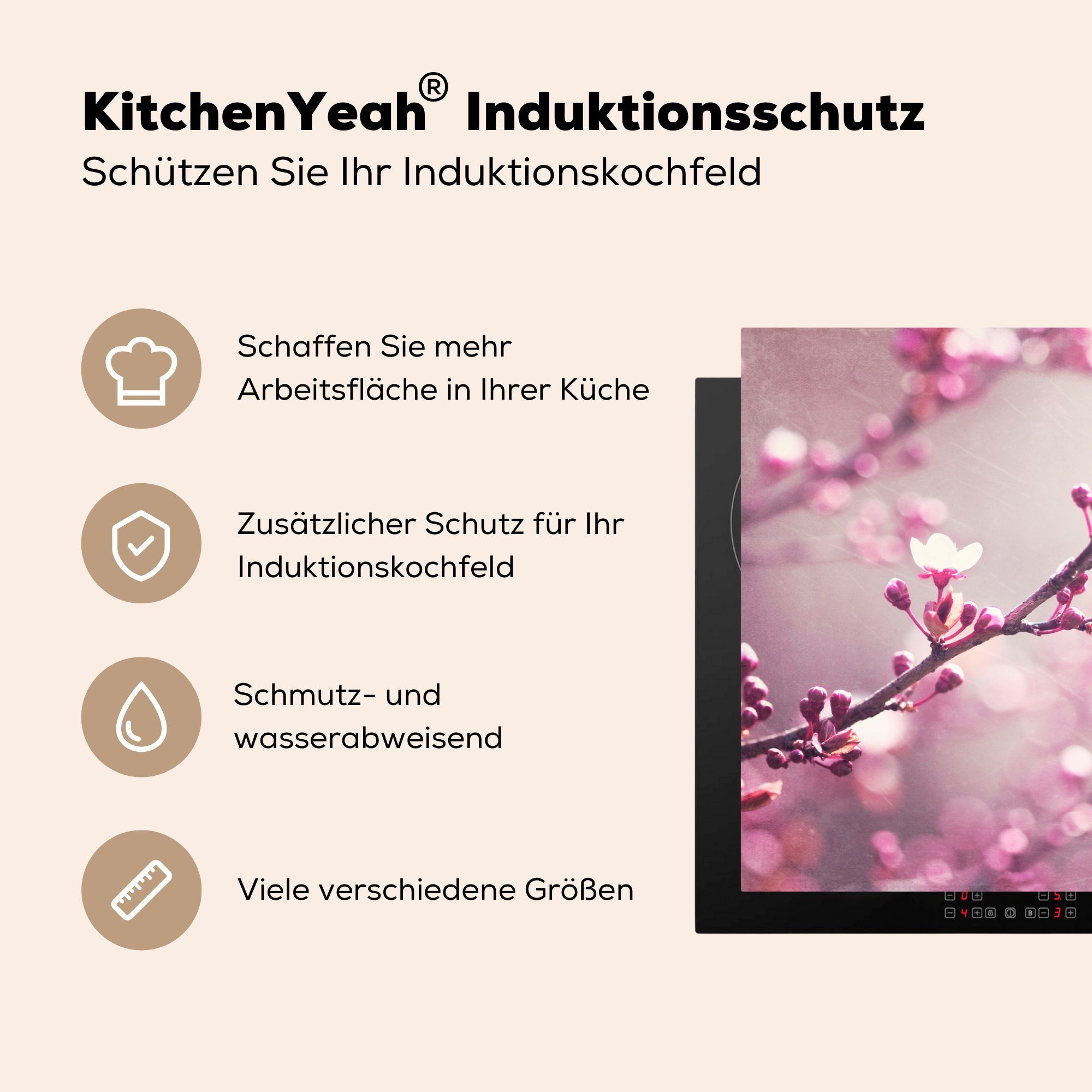 MuchoWow Schutz einer Blüten violetten (1 cm, Herdblende-/Abdeckplatte Sakura, die küche, Vinyl, Nahaufnahme der für Ceranfeldabdeckung 81x52 tlg), Induktionskochfeld