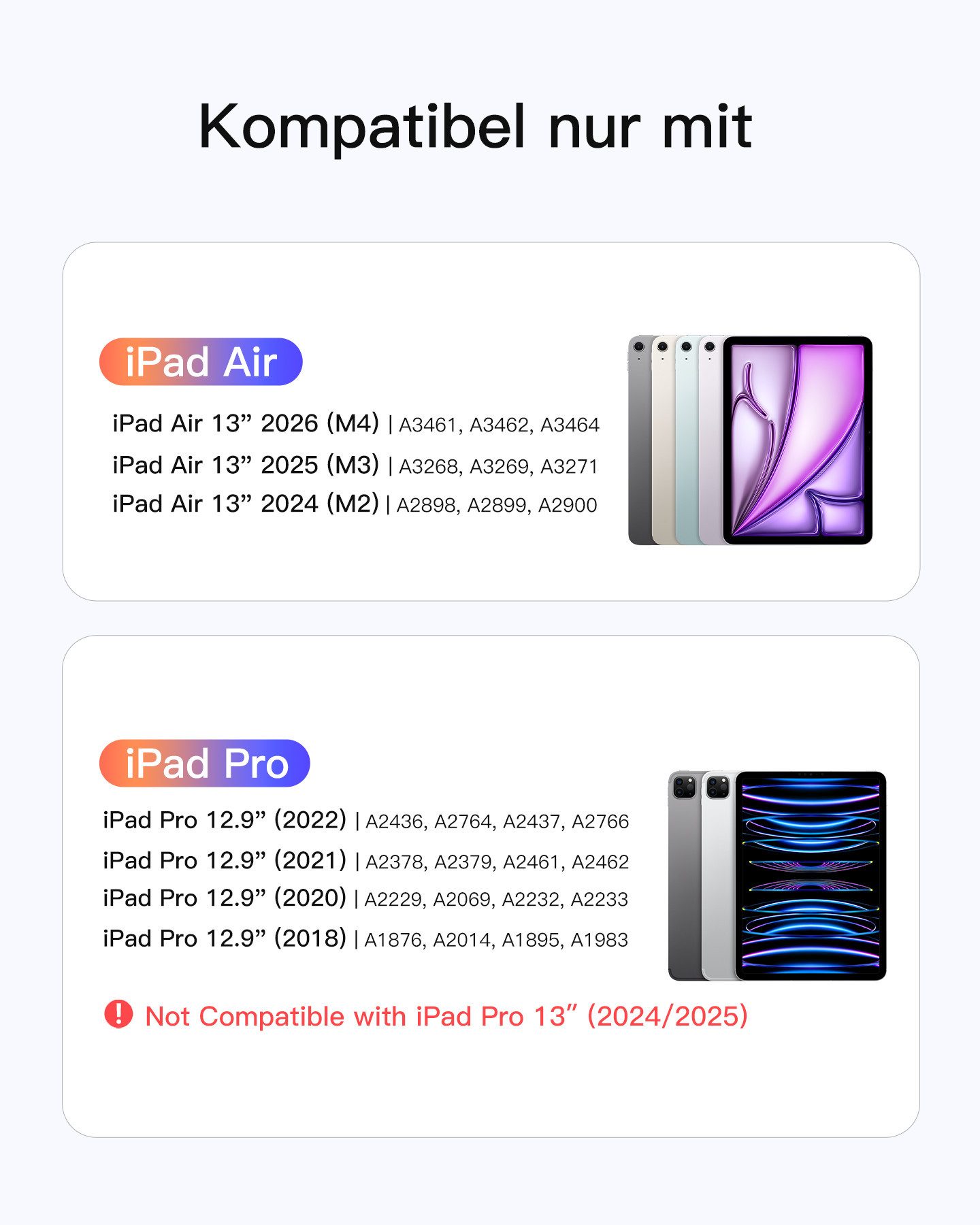 Inateck Magnetische Tastatur Hülle für iPad Air 13‘‘ M4 M3, Pro 13'' M5 M4 iPad-Tastatur (Großes Trackpad,LED Power-Anzeige,Hinterleuchtet, mit Stifthalter)