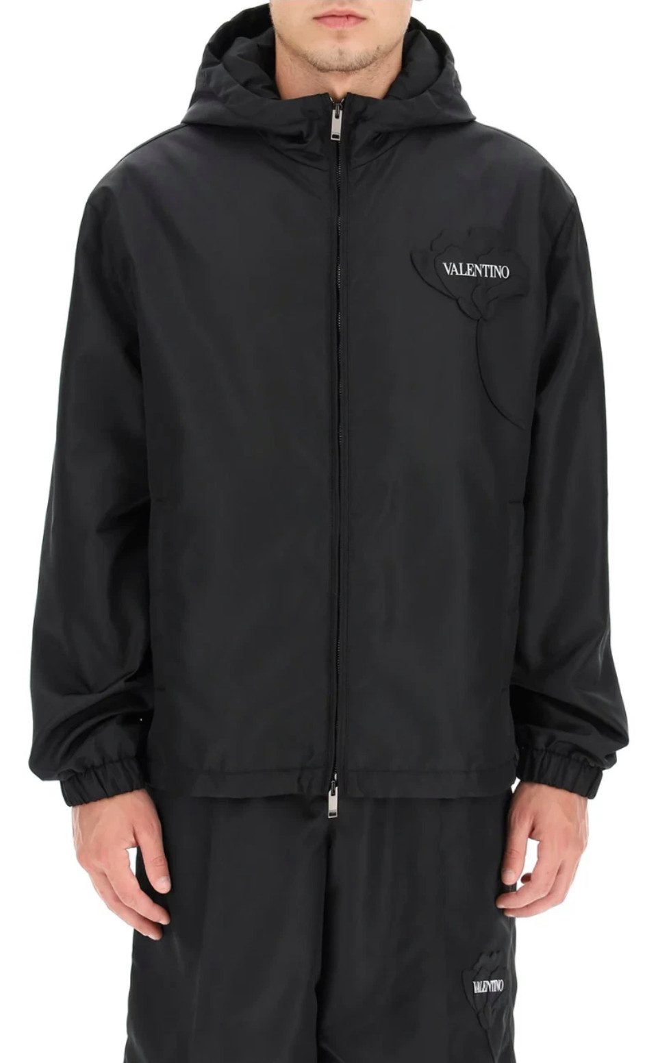 Valentino Allwetterjacke Jacke Blumenlogo Blouson Parker Mit Kapuze seitliche Reißverschlusstaschen, Aufgesticktes Blumenlogo