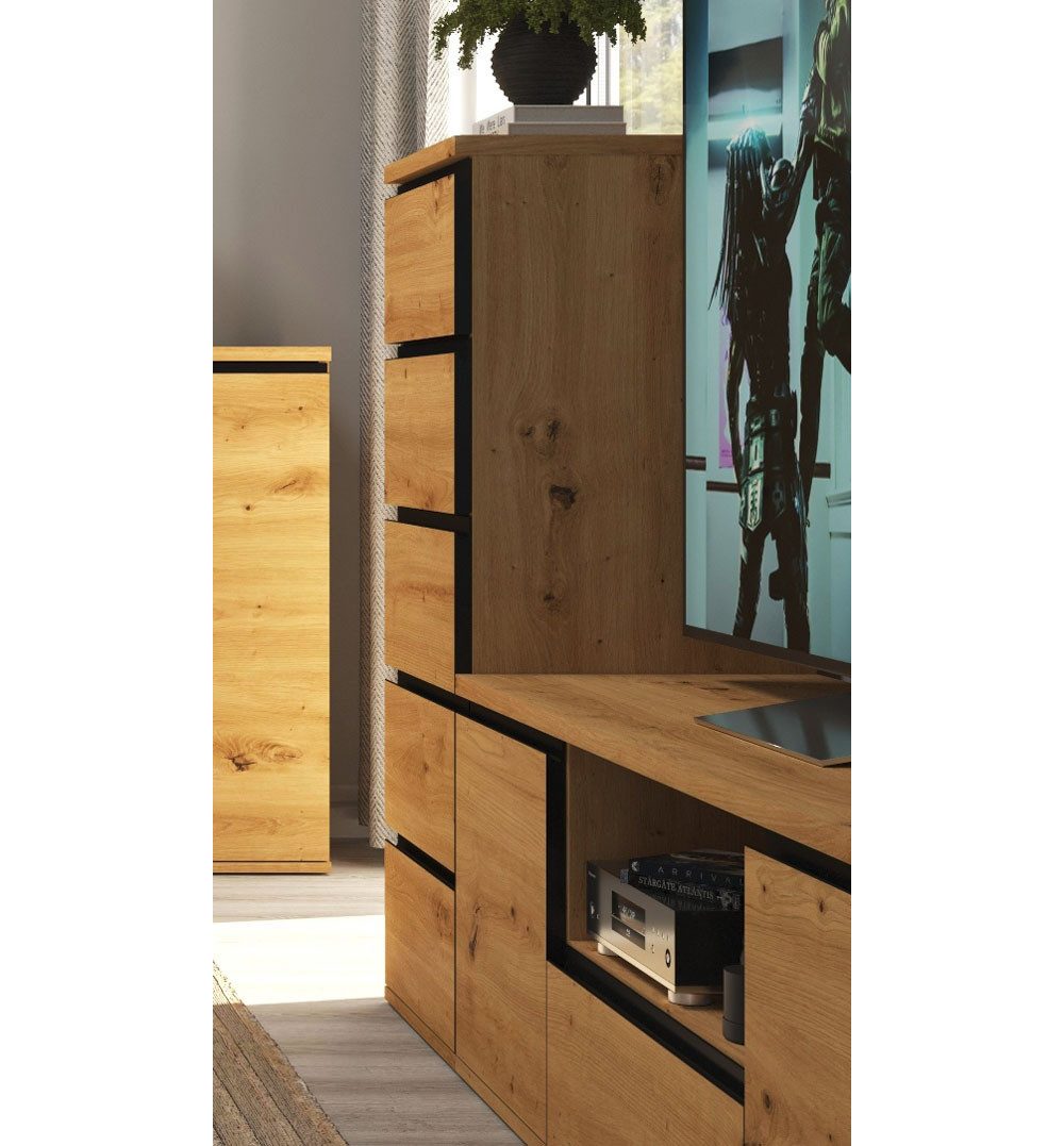 Feldmann-Wohnen Schubkastenkommode Naxos (5 Schubladen, 1 St., moderne Holzoptik, Griffmulden), 40,4x40x105,6cm Eiche Artisan / schwarz matt