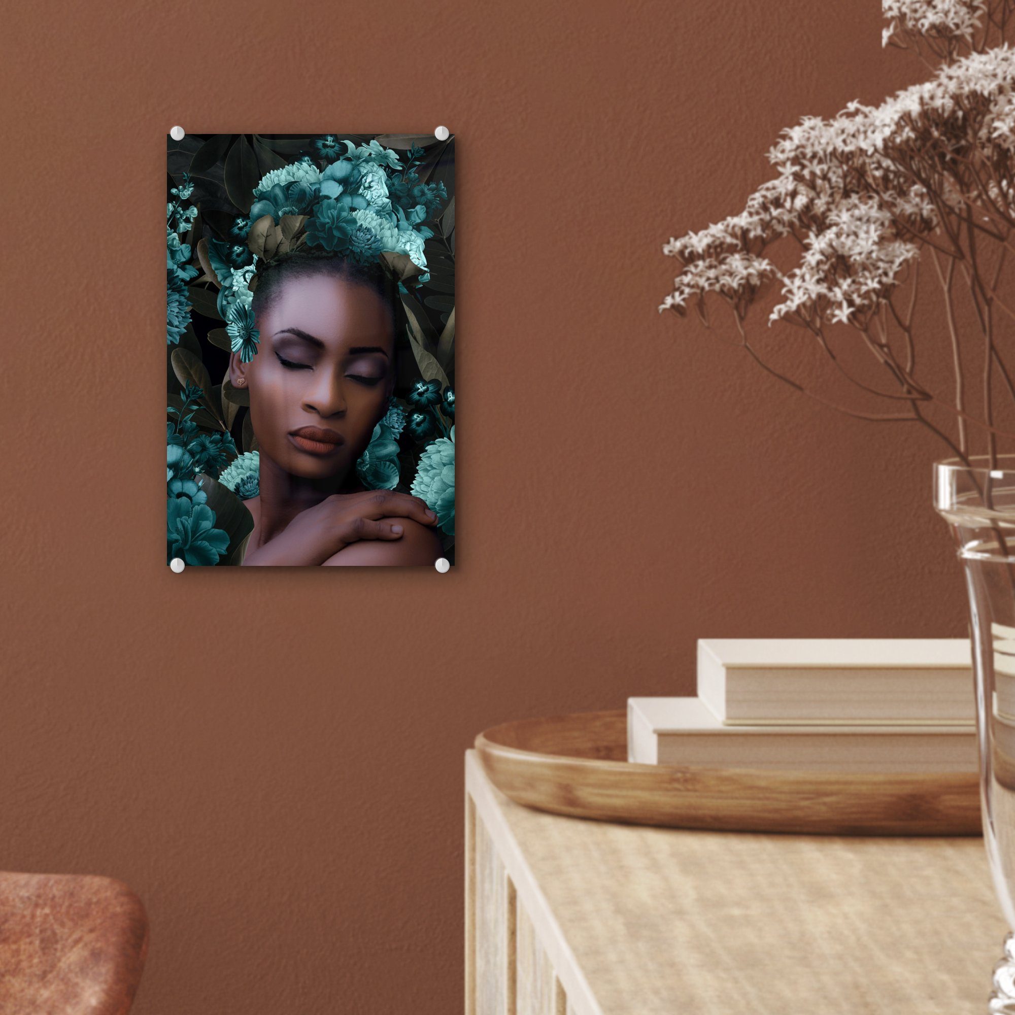 MuchoWow Acrylglasbild Frau - Wanddekoration - Glasbilder - auf Glas Wandbild Foto St), Glas Bilder Blumen - (1 Blätter, - auf