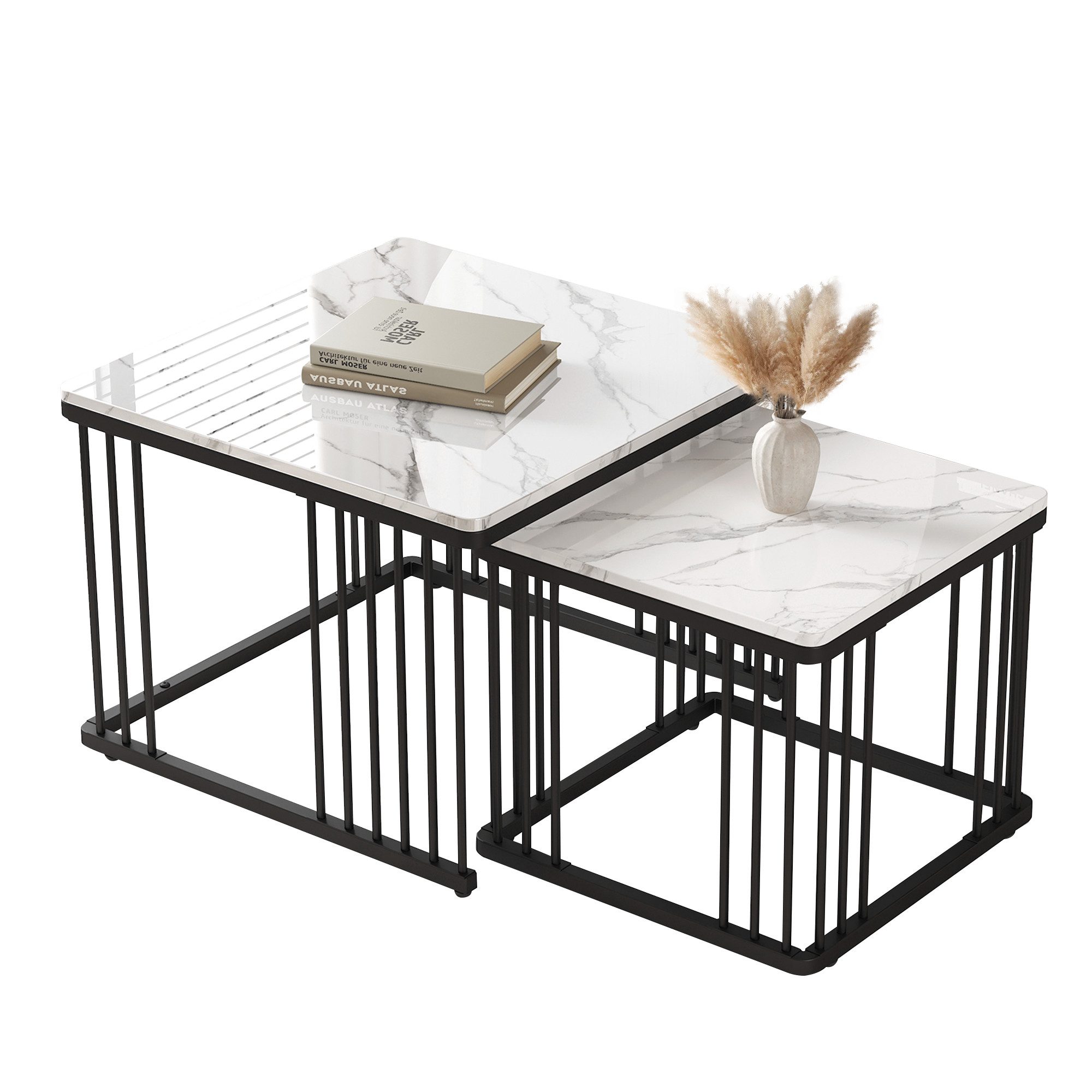 OKWISH Couchtisch Hochglanz-Kombi-Couchtisch-Set (Sofatisch, 2-St., 60*60*45cm & 45*45*40cm), mit höhenverstellbare Füße und Tischplatte in Hochglanz-Marmoroptik