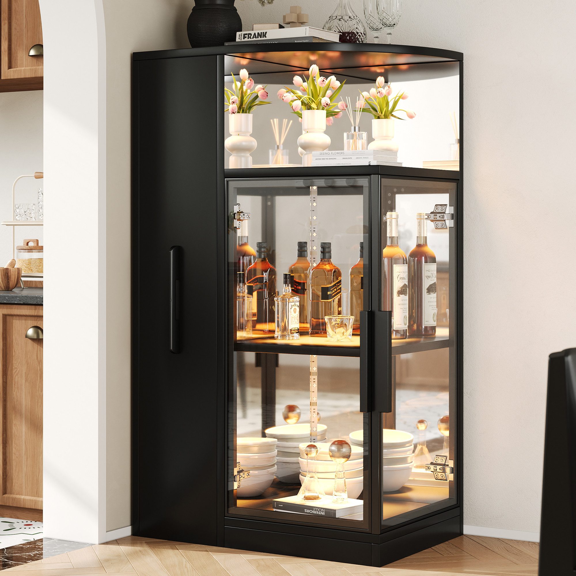 Flieks Eckvitrine Glasvitrine mit LED-Beleuchtung, ausziehbar Seitenregalen, 2 Glastüren (Rückwand in Spiegeloptik mit reflektierenden Beschichtung, 1-St., 64×42×112 cm, Multifunktionsschrank für Wohnzimmer, Esszimmer, Büro) Eckschrank Weinschrank Standvitrine Schwarz, 3 Fächern & Ablagen