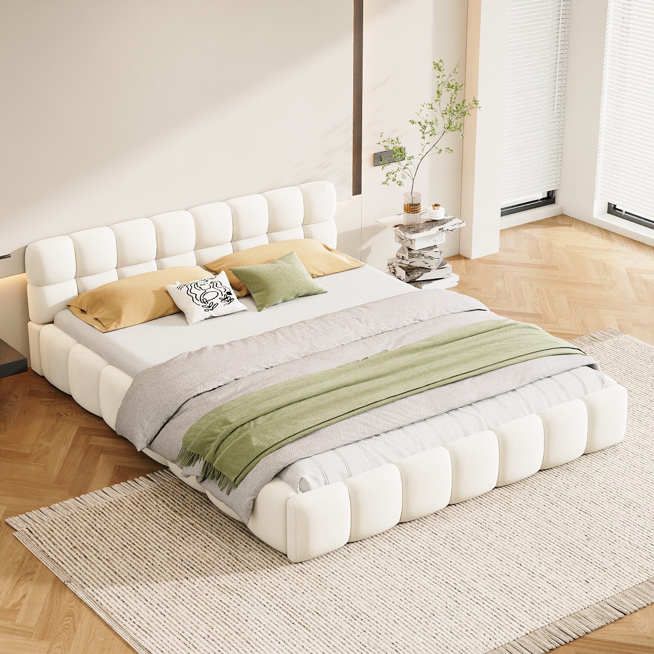 Gdood Polsterbett Doppelbett Jugendbett Futonbett, Mit Bettrahmen und Lattenrost, LeinenStoff, 160x200cm