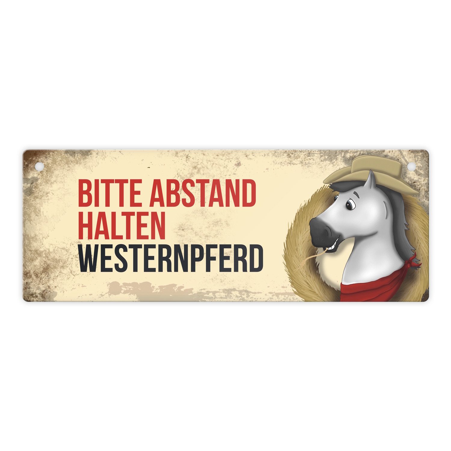 Metallschild Metallschild mit weißem Westernpferd Motiv und Spruch: Bitte Abstand