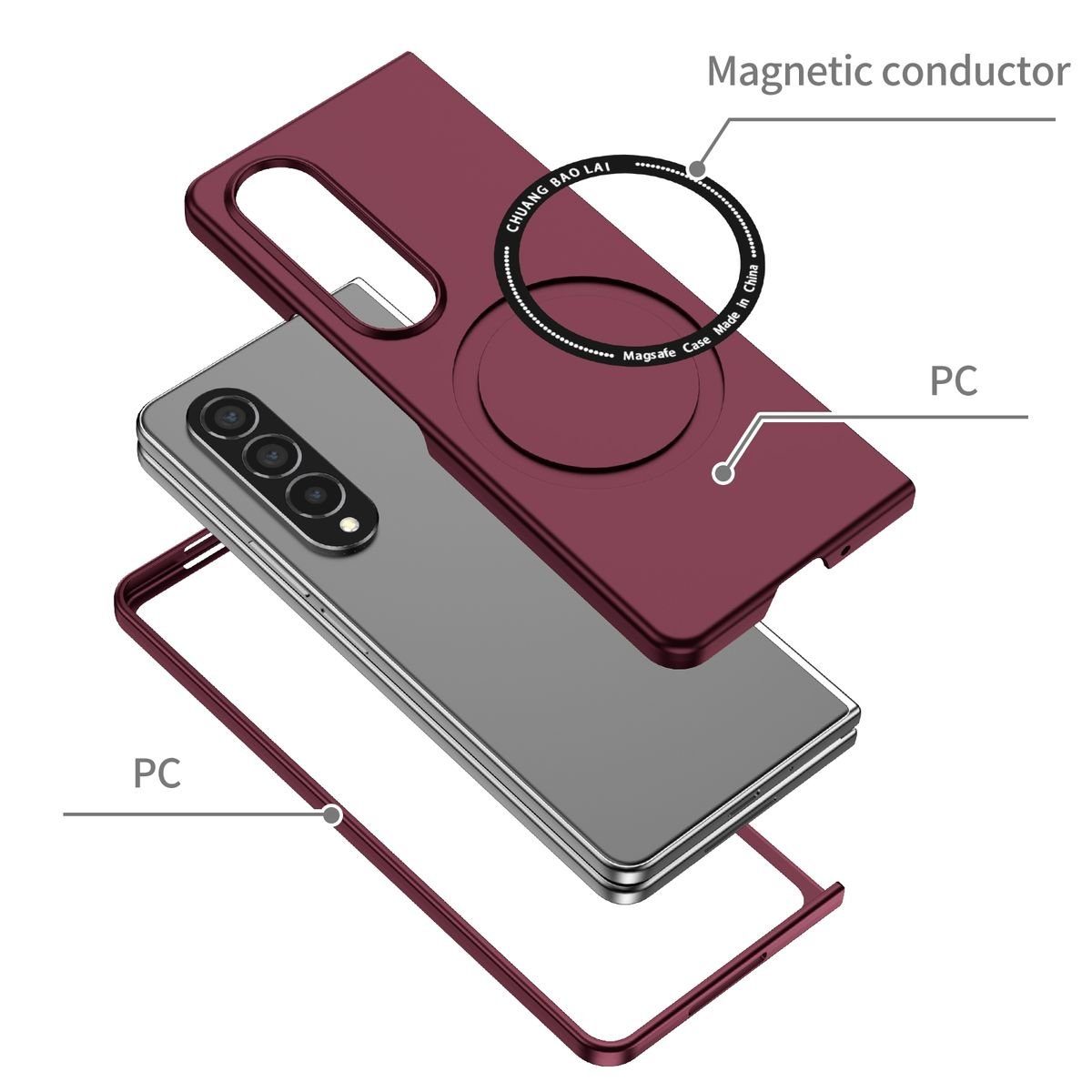 Wigento Handyhülle Für Samsung Galaxy Z Fold4 5G Magnet Magsafe Design Handy Tasche Hülle Etuis Weinrot