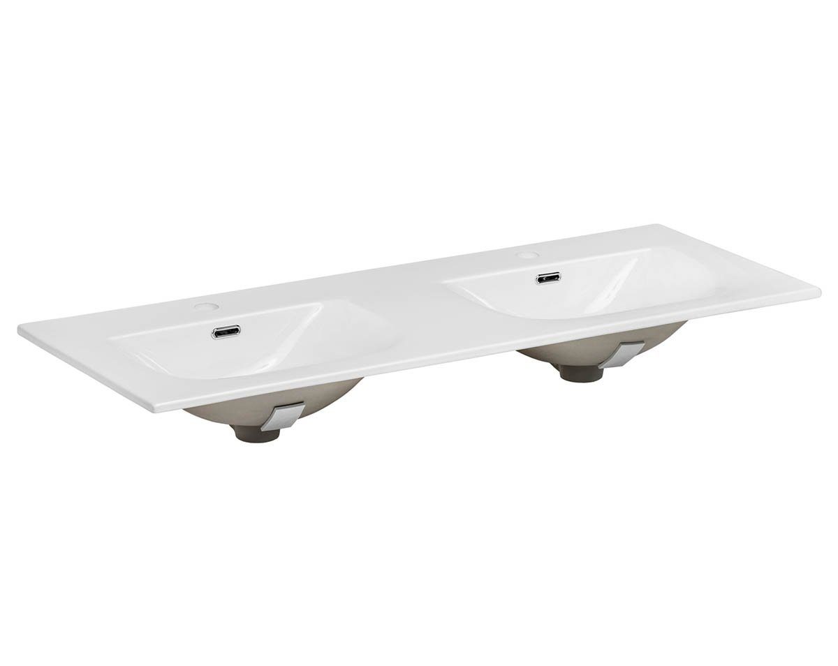 einfachgutemoebel Waschtisch-Set Doppel- oder Singlewaschplatz Bahama 120cm, weiss-hochglanz-Wildeiche, (1-St., Unterschrank & Waschbecken)