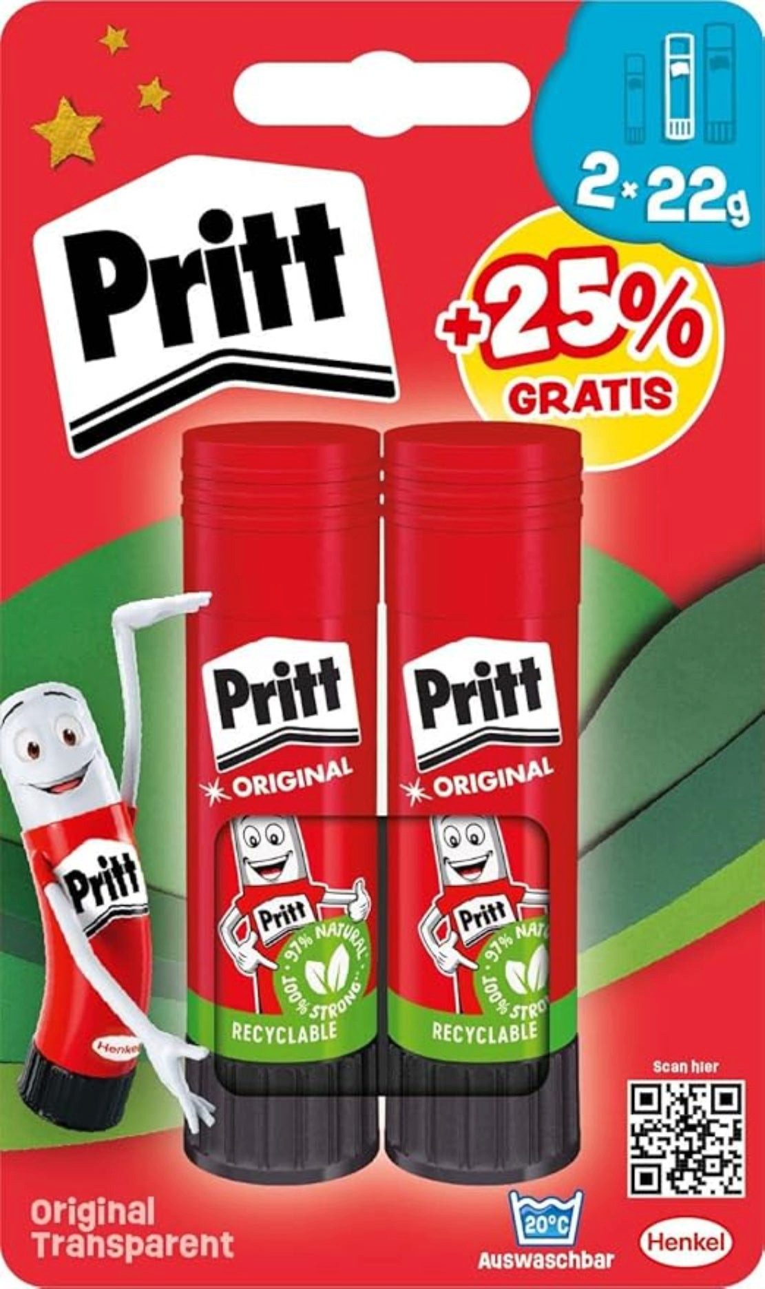 PRITT Bastelkleber Pritt Klebestift 2× 22g – lösungsmittelfrei, Doppelpack