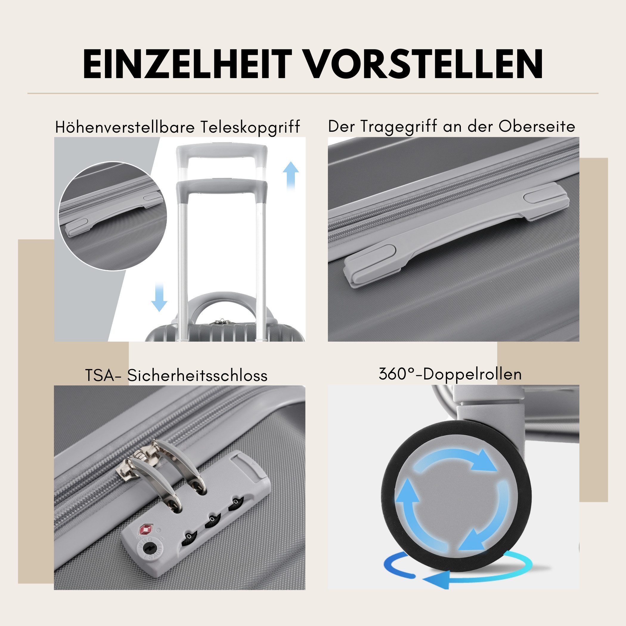 SeedWave Trolleyset 4 Teilige Kofferset Hartschalenkoffer Reisekoffer mit Reißverschlüssen, (Hartschalen-Trolley Set), 1 Handkoffer, 3 RollKoffers mit TSA-Schlössern und vier 360° Rädern