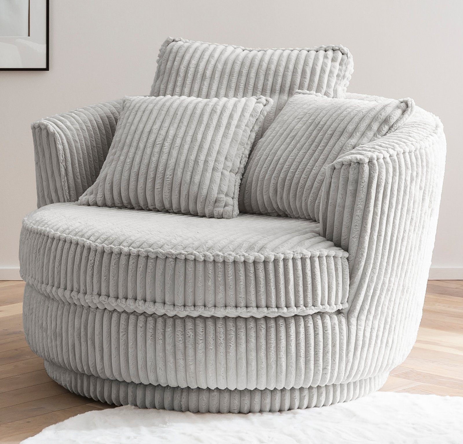 Furn.Design XXL-Sessel Comfy (Love Seat in Cord hellgrau, 120 x 120 cm), 360 °drehbar, mit Bonell Federkern