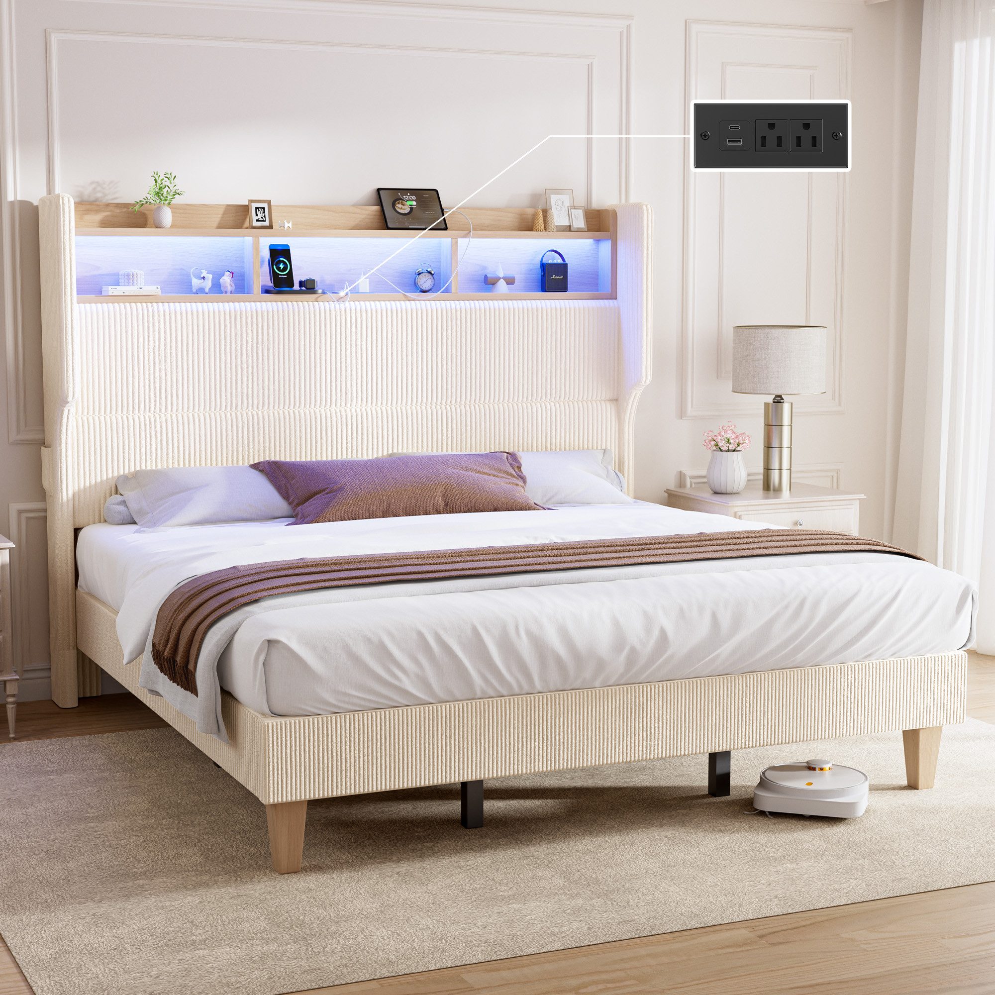 Patbrela Polsterbett mit LED, USB-A- und USB-C, 130 cm hohem Kopfteil mit Ablagefächern, Doppelbett für Matratze 140x200/160x200 cm, Cordstoff-Oberfläche