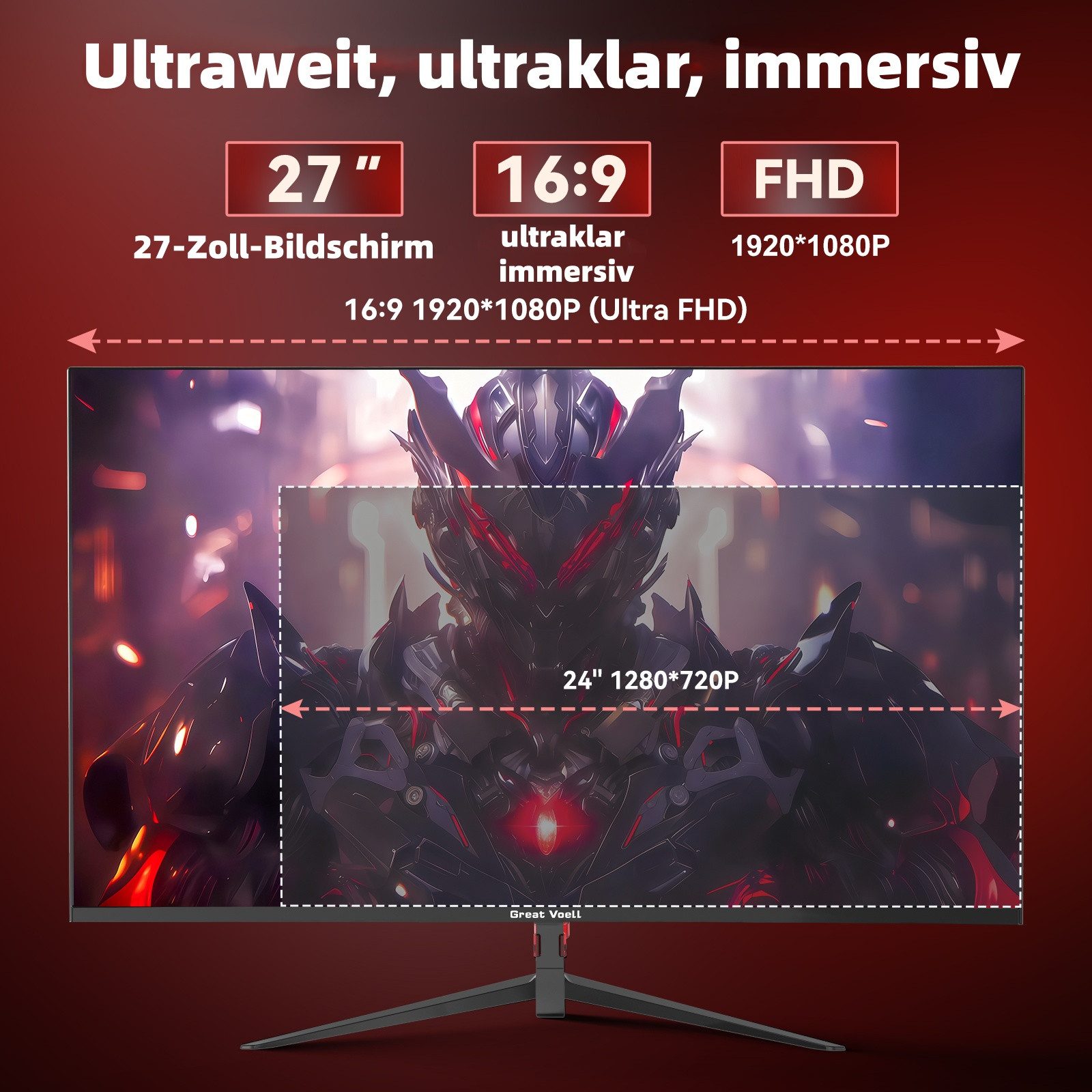 Great Voell Z270B13 FHD Flach Monitor, 100 Hz, Integrierte Lautsprecher, 16:9 Gaming-Monitor (68,6 cm/27 ", 1920x1080 px, FHD, 1 ms Reaktionszeit, 100 Hz, VA LED, HDR10, Eingebauter Lautsprecher, Flacher Gaming & Home Office Monitor)