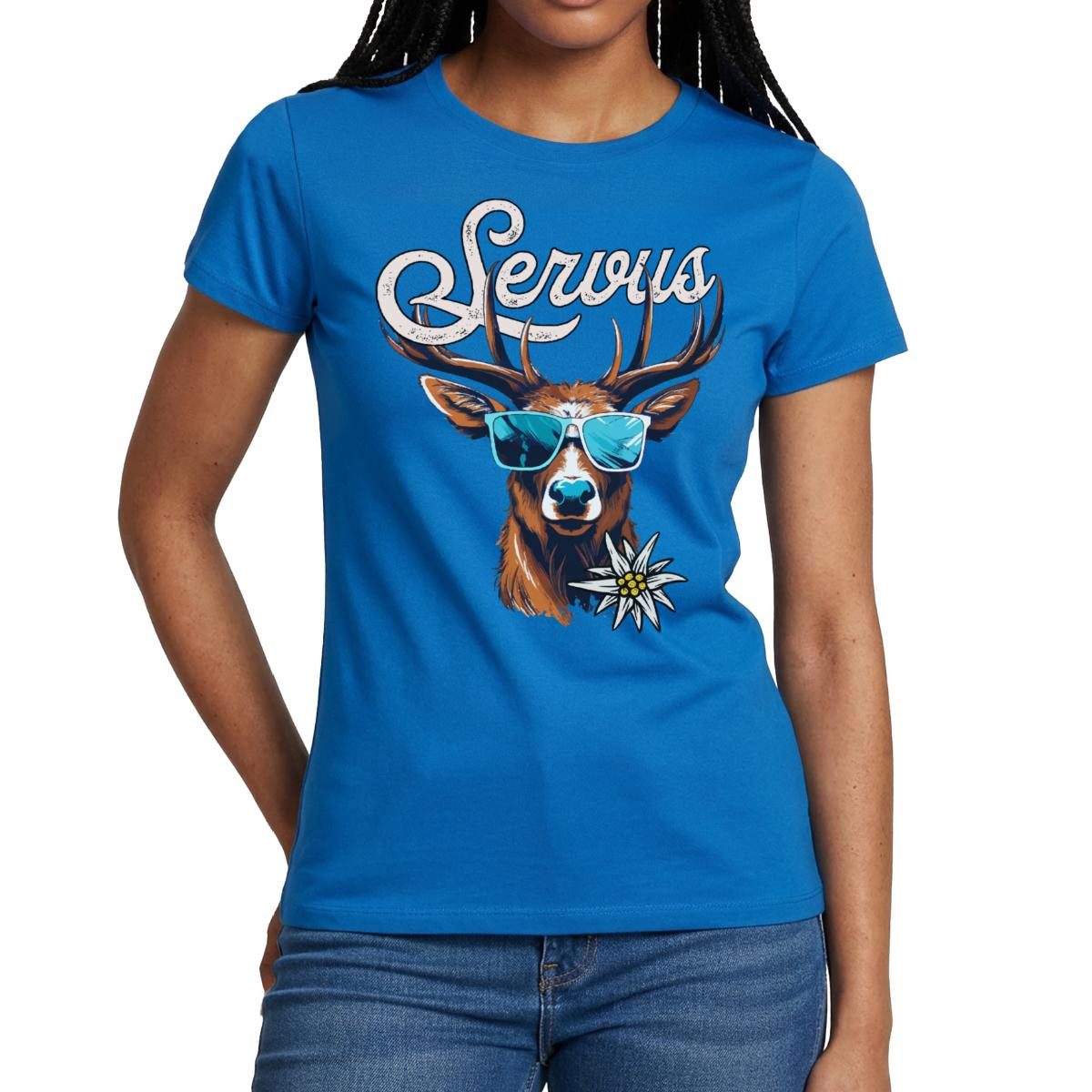 Spreadshirt T-Shirt Servus Hirsch Mit Sonnenbrille Oktoberfest Frauen T-Shirt (1-tlg) Slim Fit, fällt klein aus